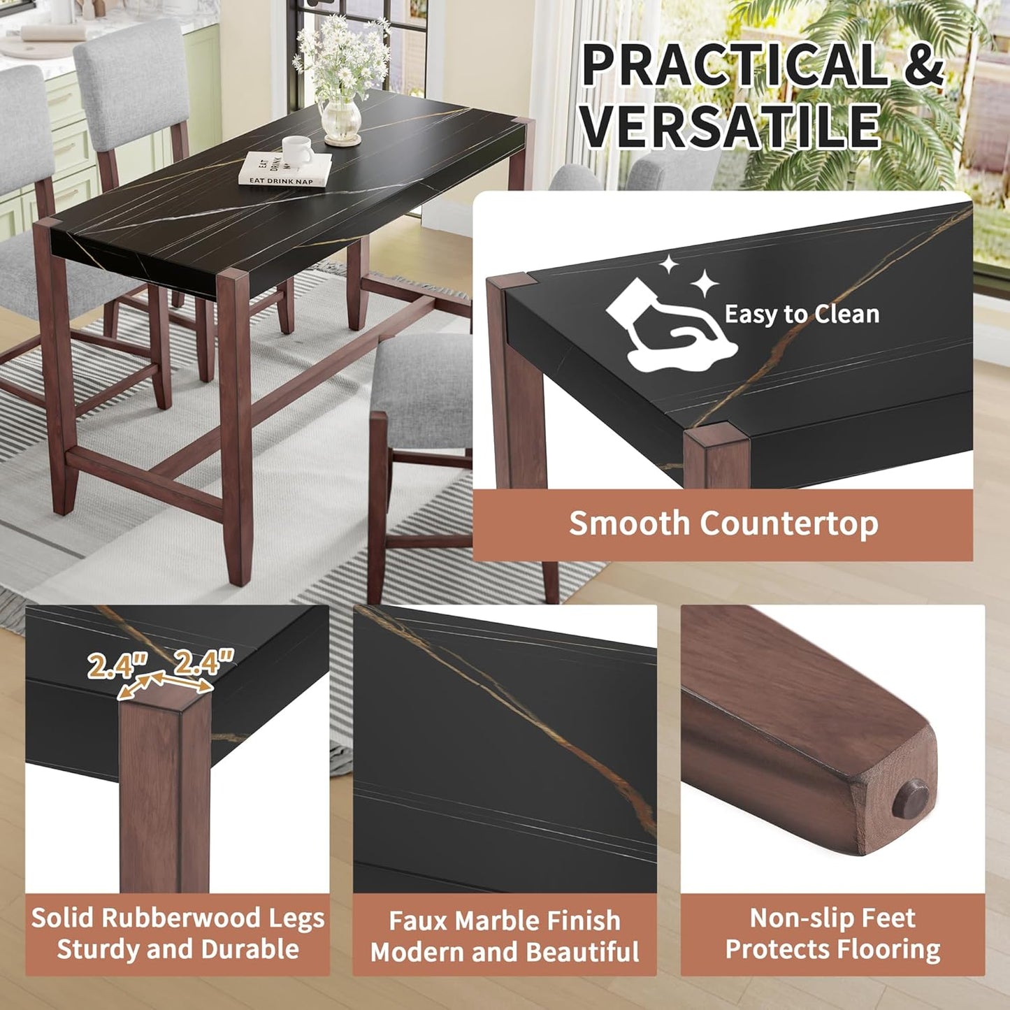 Ball & Cast 5-Piece Dining Table Set for 4,Kitchen Table Set W/Faux Marble Bar Table,Counter Height Living Room Furniture W/ 4 Upholstered Chairs,for Dining Room,Pub Kitchen,Small Place,Black+ Gray