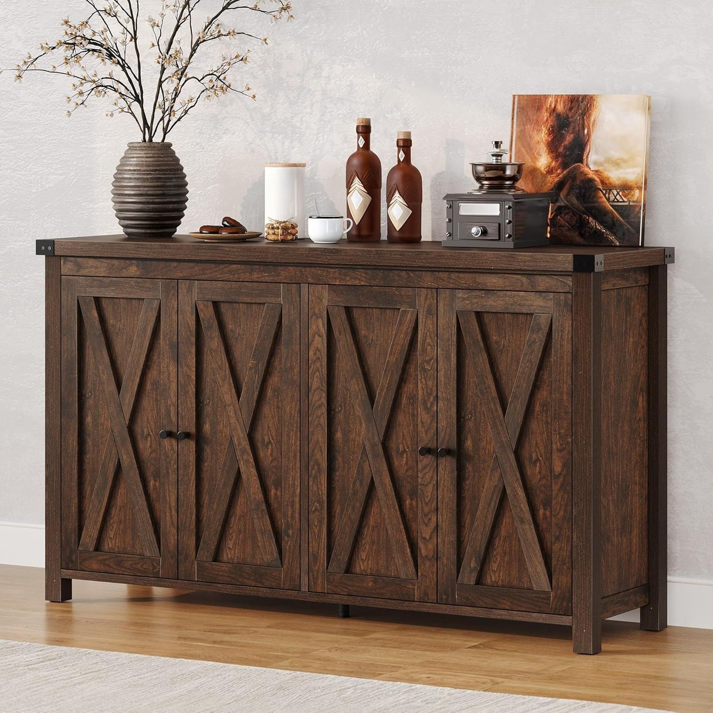 DWVO Farmhouse Sideboard Buffet Cabinet with Storage, 55'' Kitchen Storage Cabinet with Doors, Large Coffee Bar Cabinets with Adjustable Shelves for Kitchen, Living Room, Brown