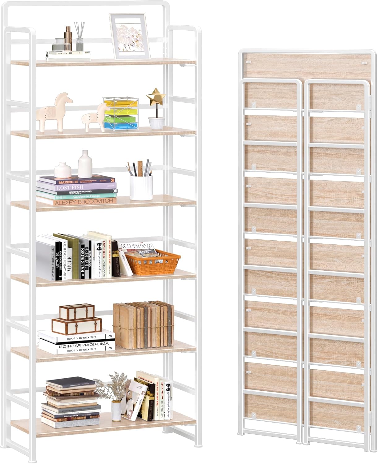 4NM No-Assembly 6 Tiers Folding Bookshelf Storage Shelves Vintage Bookcase Standing Racks Study Organizer Home Office (Natural White)