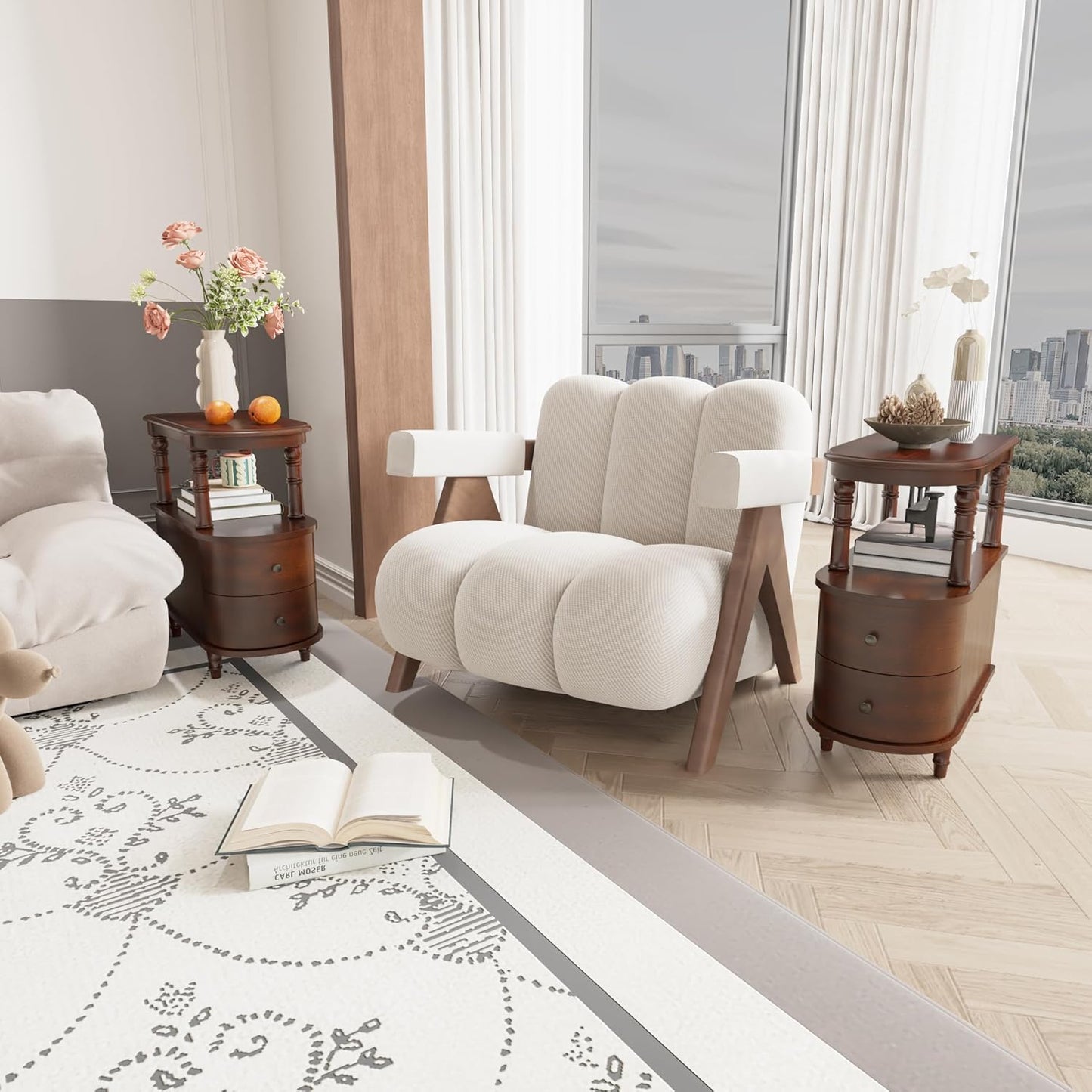 Wood End Table with 2 Drawers and Storage Shelf, Narrow Sofa Side Table for Living Room, Vintage Slim Nightstand Bedside Table for Bedroom, Slim Chair Side Table Cherry Walnut BG-A508-CY