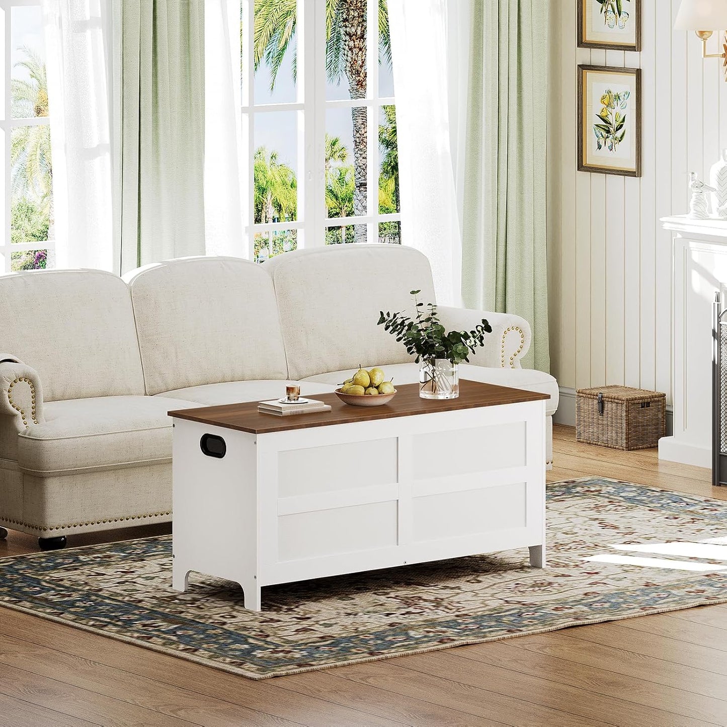 Storage Chest, 39.4” Large Toy Chest, Entryway Storage Trunk, Storage Bench with Safety Hinge, Entrance Bench for Living Room, Entrance, Bedroom, White+Walnut SCBZ48301