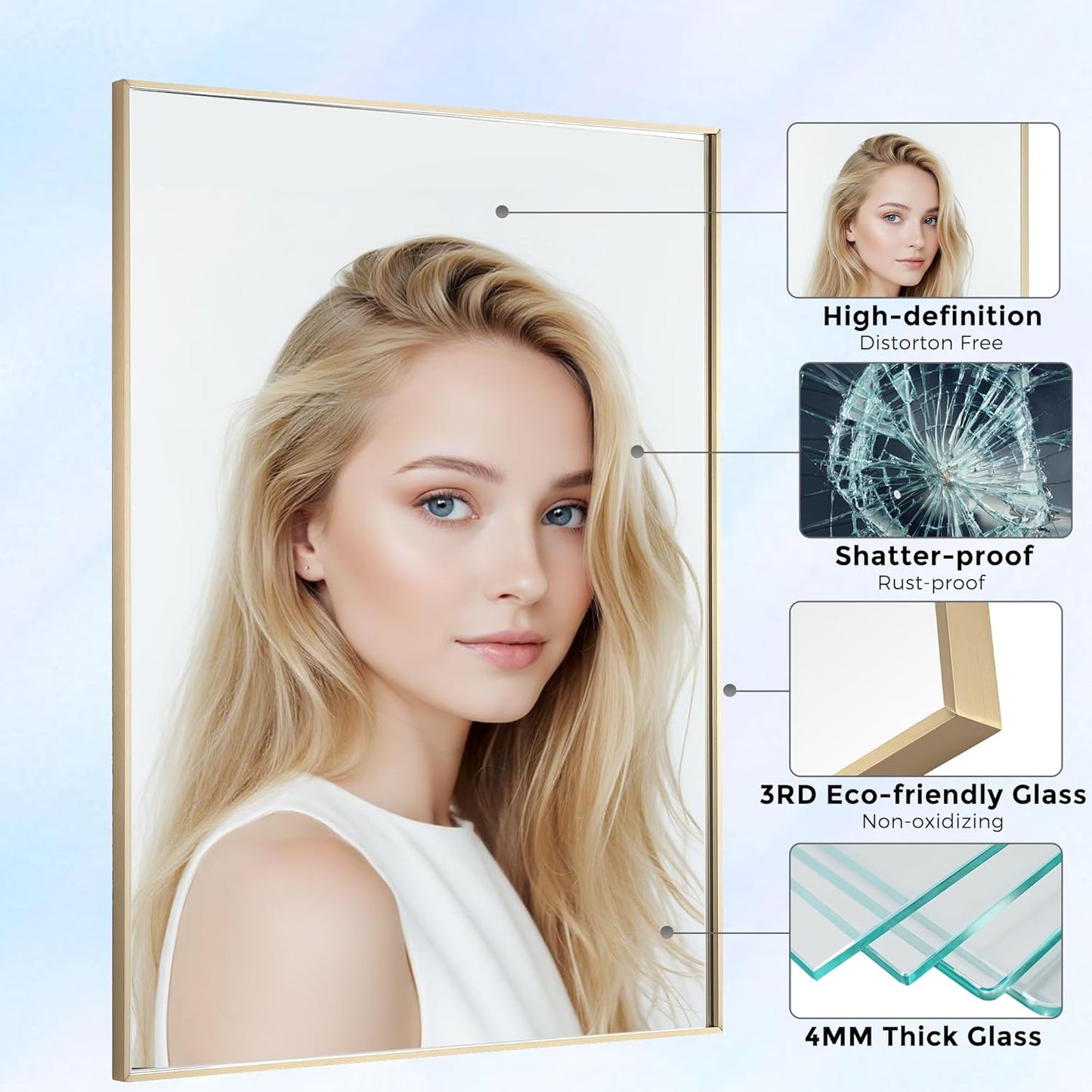 24x36 Inch Brass Bathroom Mirror for Wall, Aluminum Frame Rectangle Rectangular Vanity Mirror, Modern Large for Bedroom, Living Room, Horizontal or Vertical