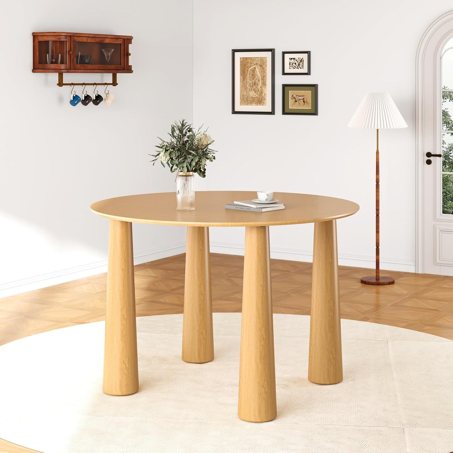Casaphoria 45" Round Dining Table, Kitchen Table for 6 with Arc-Shaped Edge Top and Cylindrical Legs, Easy Assembly for Living Room, Dining Room, Oak