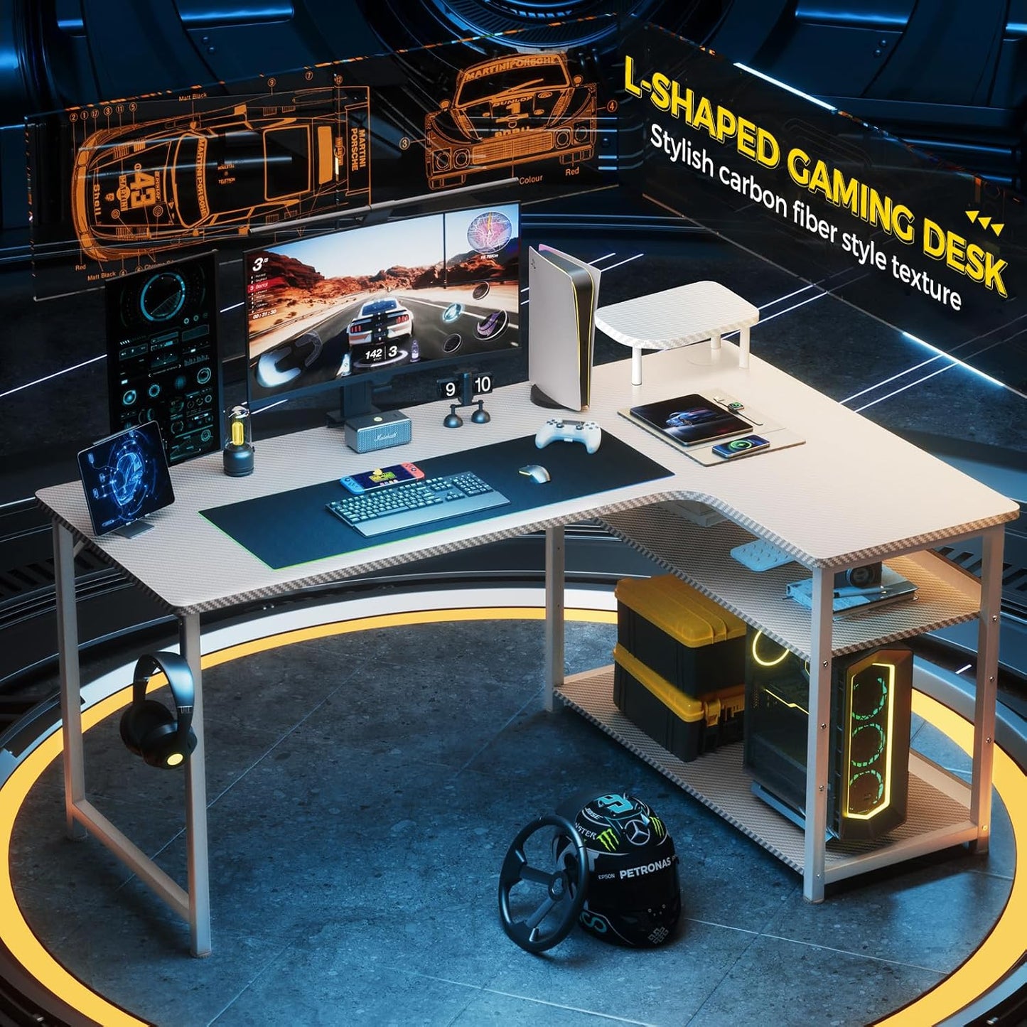 GTRACING Gaming Desk L Shaped Desk Carbon Fiber Style Computer Desks Compatible with Monitor Arm Storage Shelves Corner Desk Gaming Table for Home Office Desks Easy to Assemble Adjustable Shelf Height