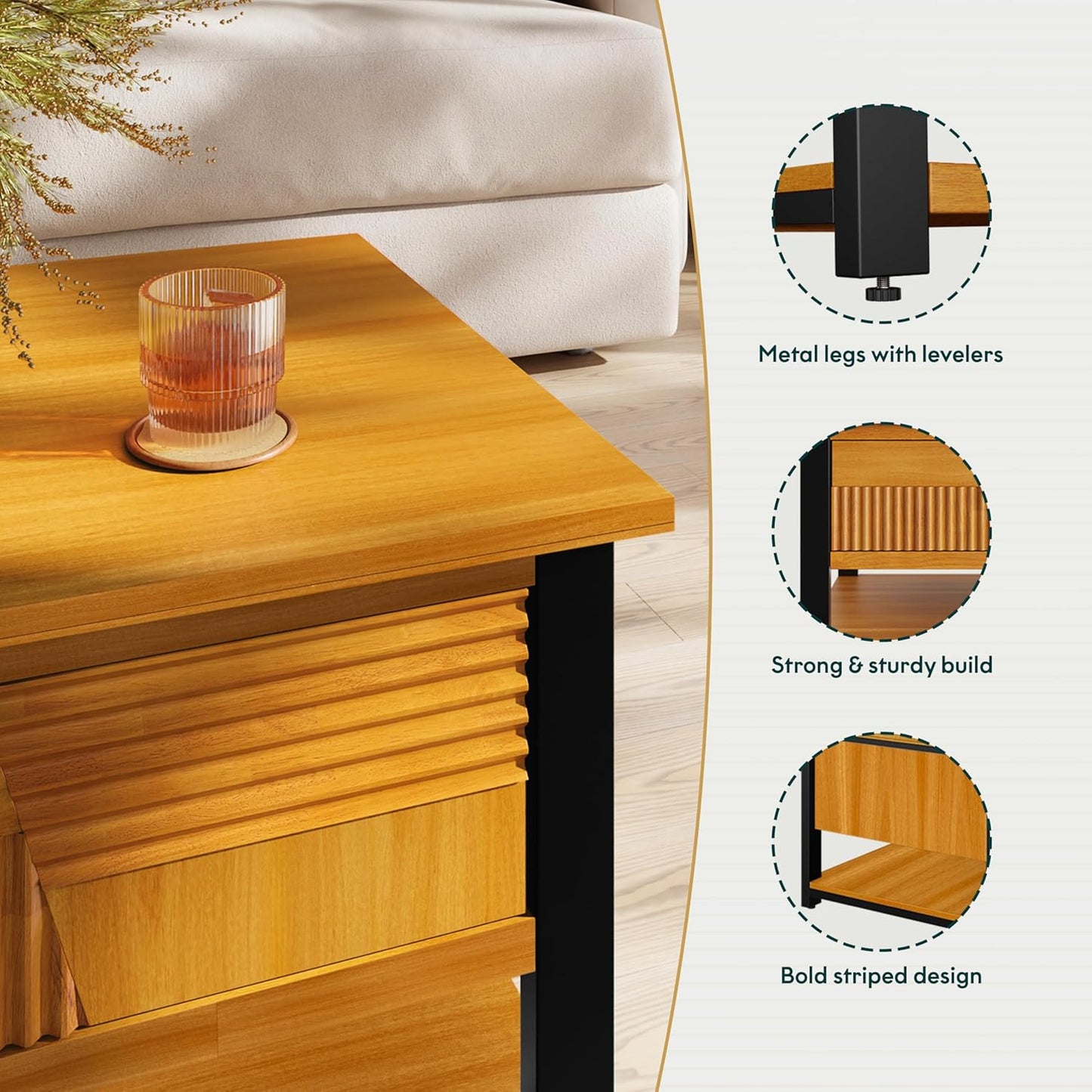 Bme Trapeze Coffee Table for Living Room – Modern Wooden Center Table with Storage, Metal Legs, Large Teak Brown Coffee Table for Stylish Living Room Furniture Setup