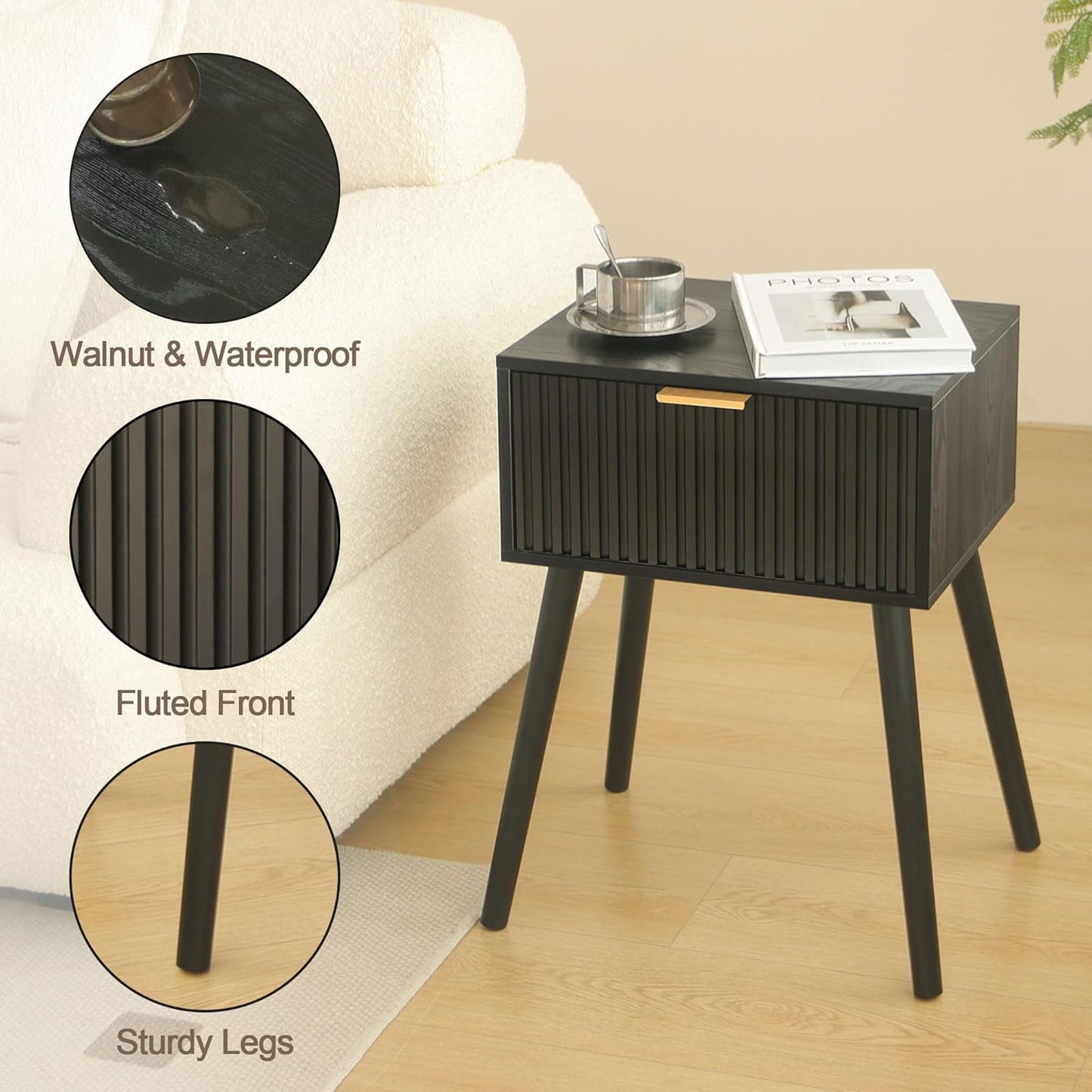 Black Nightstand, Small End Tables Living Room, Accent Bedside Table with Fluted Drawer for Bedroom and Small Space, Black