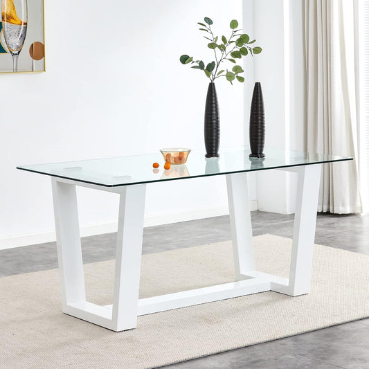 63" Modern Glass Dining Table with Rectangular Tempered Tabletop,Dinner Desk Set for 6-8 People W/Trapezoid Bracket,for Home,Kitchen,Dining Room,Office,White+Clear Finish