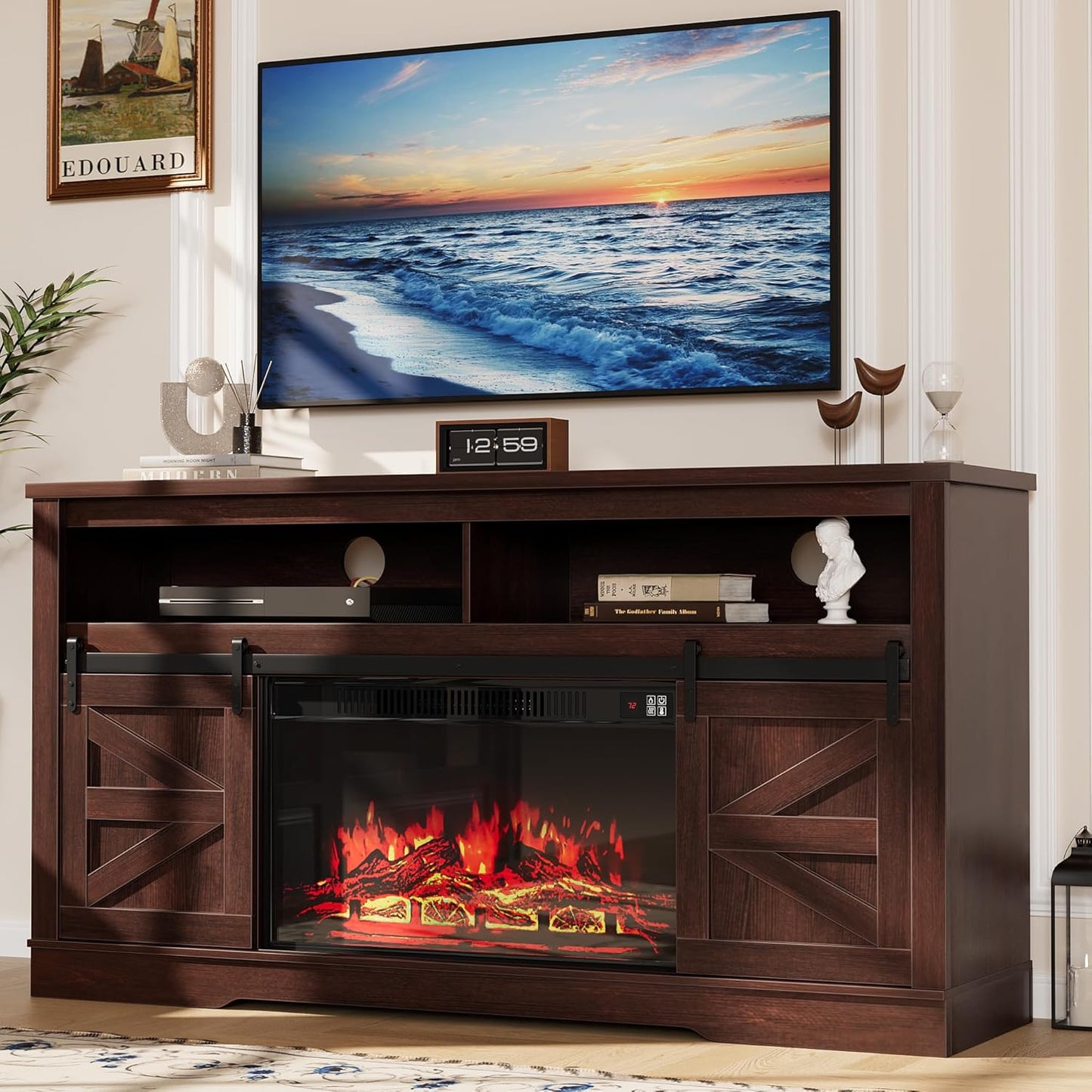 YESHOMY Fireplace TV Stand for Television up to 65+ Inch with Storage and Farmhouse Sliding Barn Doors, Entertainment Center with Cabinet and Shelves, Media Console for Living Room, Dark Brown