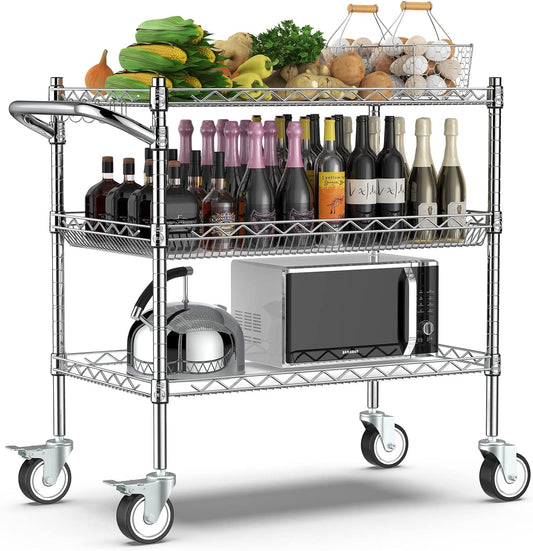 Leteuke Heavy Duty 3 Tier Rolling Utility Cart,NSF Certified 990Lbs Capacity Rolling Carts with Wheels,Commercial Grade Metal Cart with Handle Bar & Shelf Liner,Trolley Serving Cart for Kitchen,Chrome