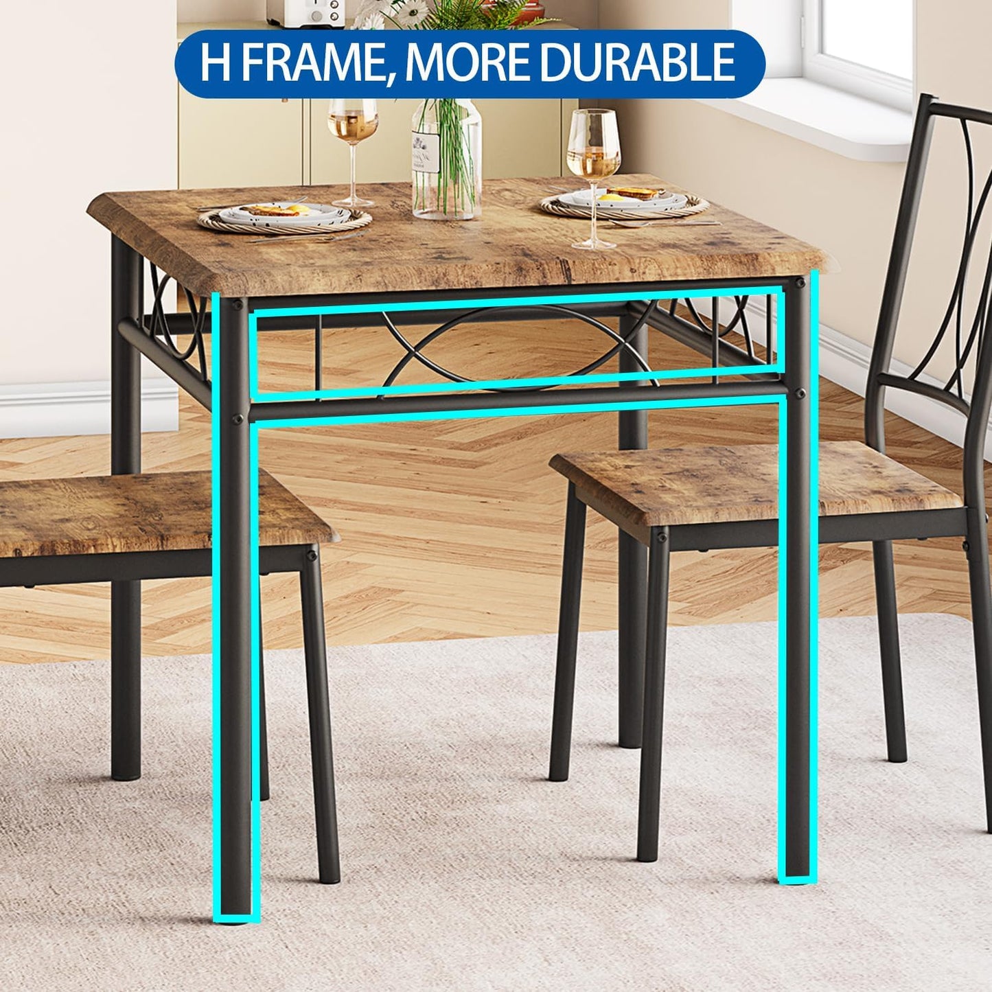 GarveeHome Small Dining Table Set for 2, Square Table and Chairs Set of 2, 3 Piece Kitchen Table Set of 2 with Upholstered Chairs, Dinner Table Set for 2 for Small Spaces, Apartment, Rustic Brown