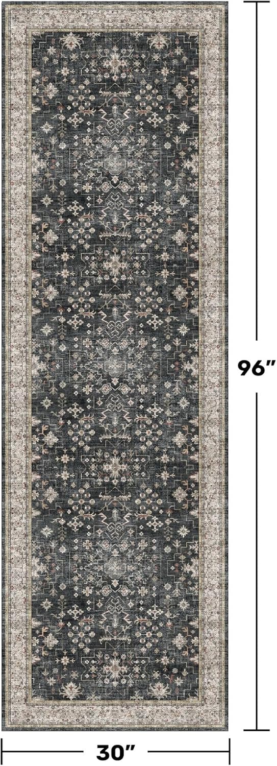 Black Washable Long Runners for Hallways, 2'6"x8' Wide Kitchen Runner Rug, Entryway Indoor Rug, Non Slip Rubber Backing Boho Vintage Floor Decor