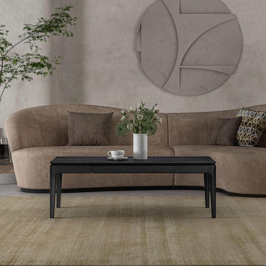 NTC Mingle Modern Wooden Rectangle Coffee Table with Hidden Drawer – Waterproof & Heat Resistant, Burnt Black