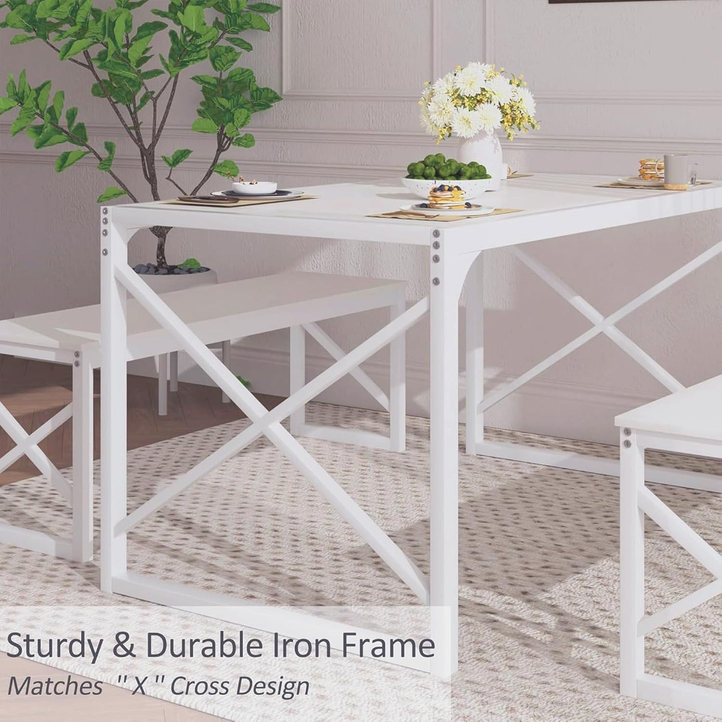 VECELO Kitchen Dining Table Set for 4 to 6, 55" Wood Dinette 2 Benches with Metal Frame for Dinner Breakfast Nook and Small Space, White