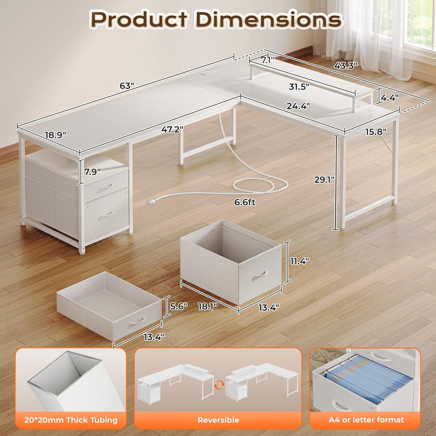PRAISUN 63 Inch L Shaped Desk with Power Outlets and USB-C Port, Computer Corner Home Office Desk with File Fabric Drawers and Movable Monitor Stand, Larger Storage, Gaming, Writing, Work, White