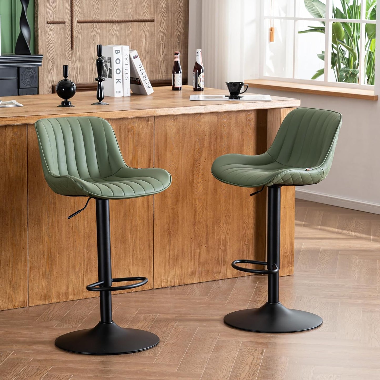 YOUNIKE Bar Stools Set of 2 Counter Height Barstools with Backs Swivel Faux Leather Kitchen Island Bar Chair Modern Adjustable Breakfast taburetes de bar Padded sillas para barra de cocina Olive Green