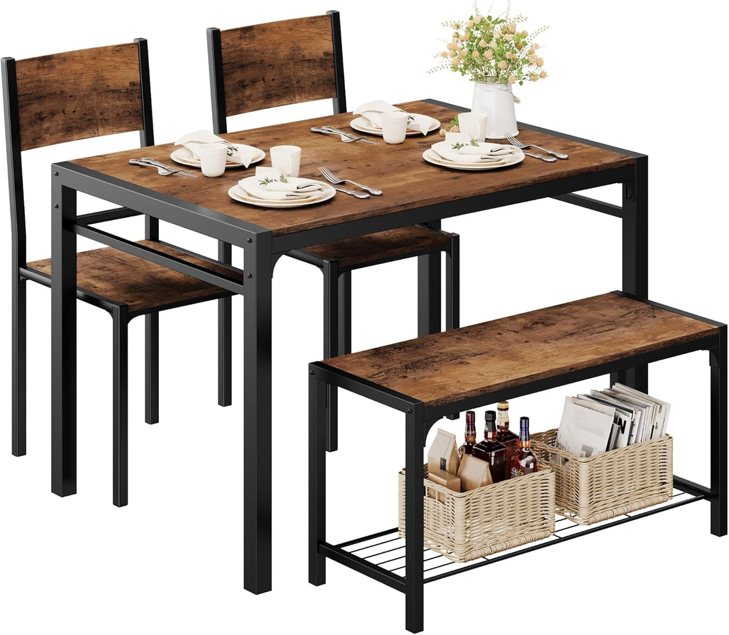 Shahoo Kitchen Table and 2 Chairs for 4 with Bench, 4 Piece Dining Sets for Small Space, Brown