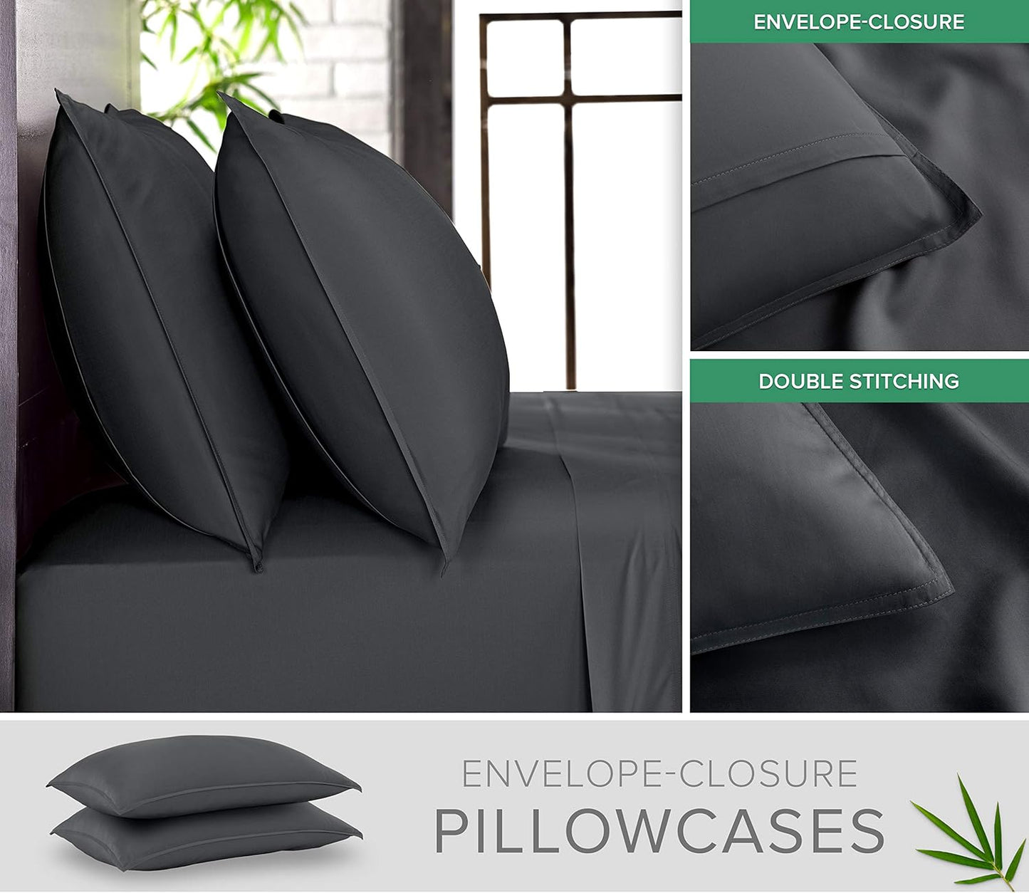 Queen Sheets by Pure Bamboo, Genuine 100% Organic Viscose Derived from Bamboo Bed Sheet Set, Luxuriously Soft & Cooling, Double Stitching, Lifetime Quality Promise (Queen, Charcoal)