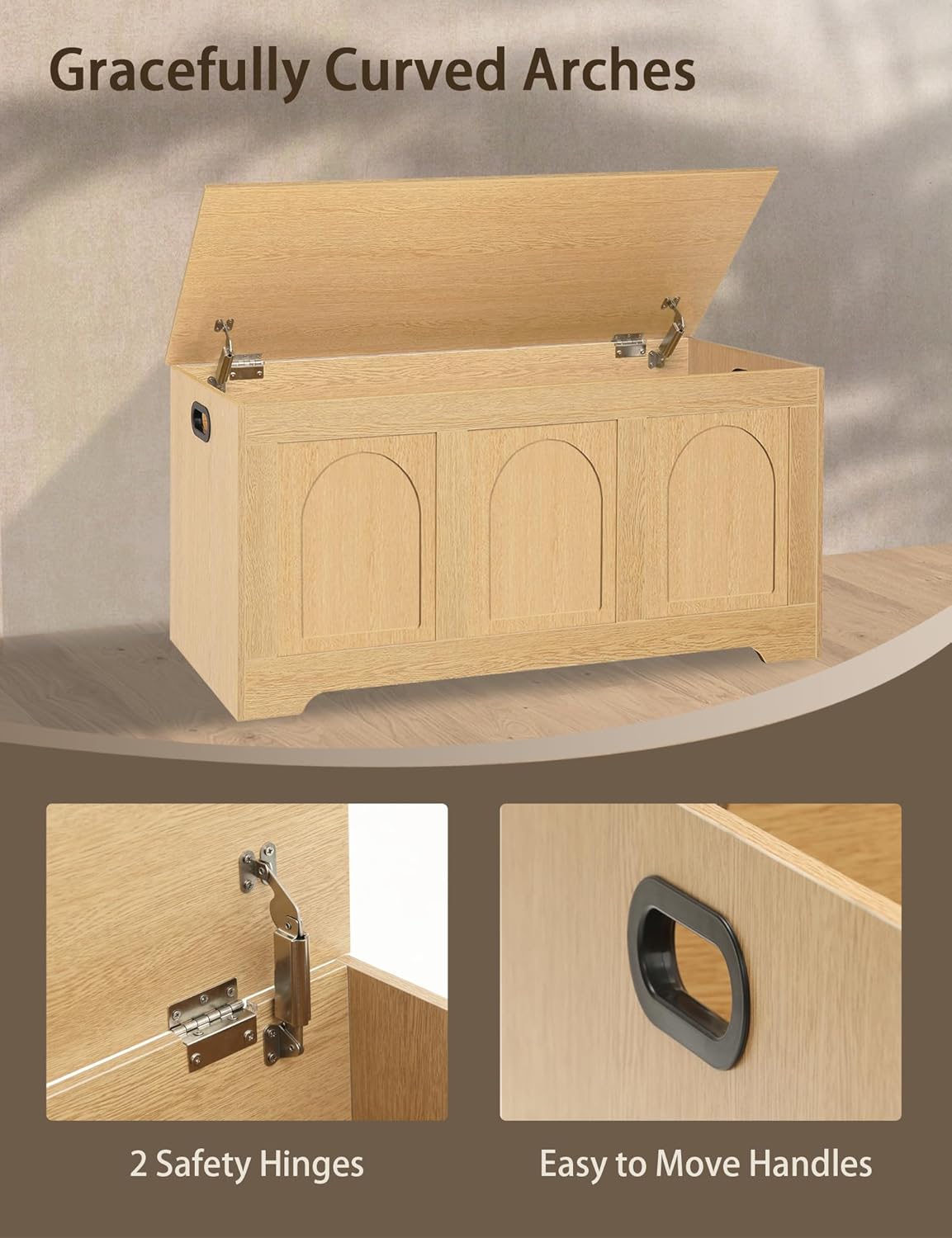 DINZI LVJ Storage Chest, 39.4”Wooden Storage Box with 2 Safety Hinges, Entryway Shoe Bench with Flip-Top, Trunk for Living Room, Bedroom, Easy Assembly, Natural