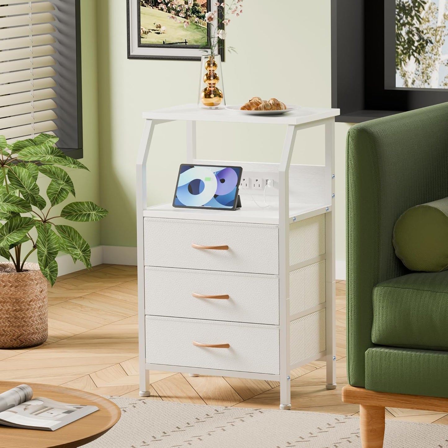 Furnulem Night Stand with Charging Station, 28.3 Inch Tall Bedside Table with PVC Drawers, End Table with USB Ports and Outlets, 3 Fabric Drawer Storage Nightstand for Bedroom, 3 Ways to Use, White
