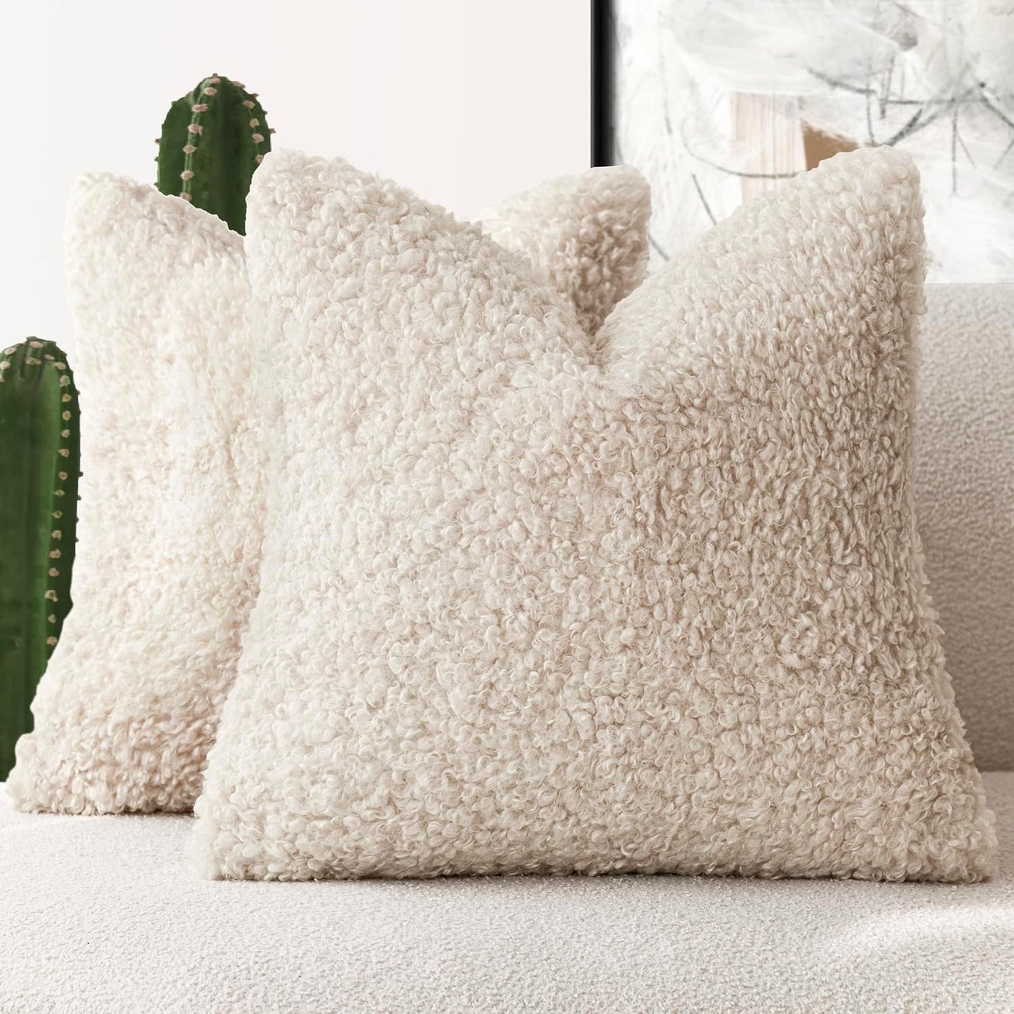 Foindtower 2 Pieces 24x24 Inch Neutral Cream, Faux Fur Throw Pillow Cover Accent Sherpa Pillow Fuzzy Soft Pillowcases Sheepskin Decorative Fleece Cushion Case for Bed Couch Living Room