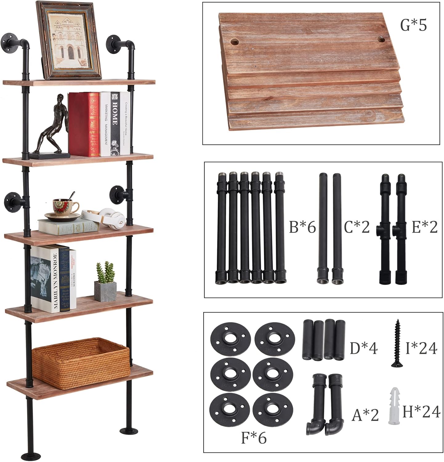 5 Tier Industrial Ladder Bookshelf, Wall Mounted Wood Metal Rustic Pipe Shelves (Weathered Brown, 5 Tier - 10" D x 24" W x 70" H)