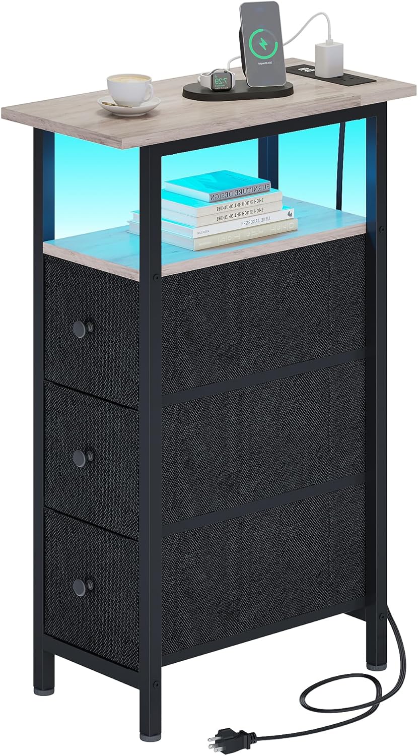 End Table with Charging Station, Narrow Side Table with 3 Fabric Drawers, Skinny Nightstand with LED Light, Slim Bedside Table for Bedroom, Living Room, Small Spaces, Greige and Black