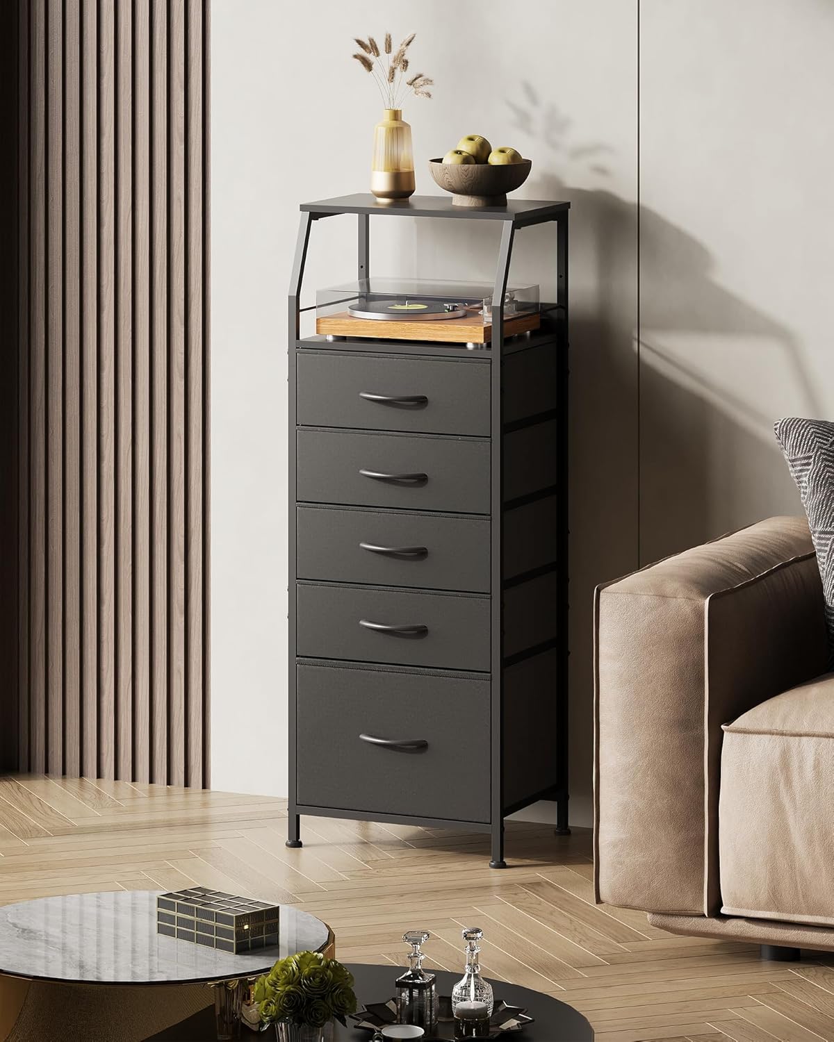 WLIVE Black Fabric Dresser for Bedroom, Tall Nightstand with 5 Drawers & 2 Open Shelves, Modern Night Stand Organizer, Sturdy Steel Frame Bedside Table