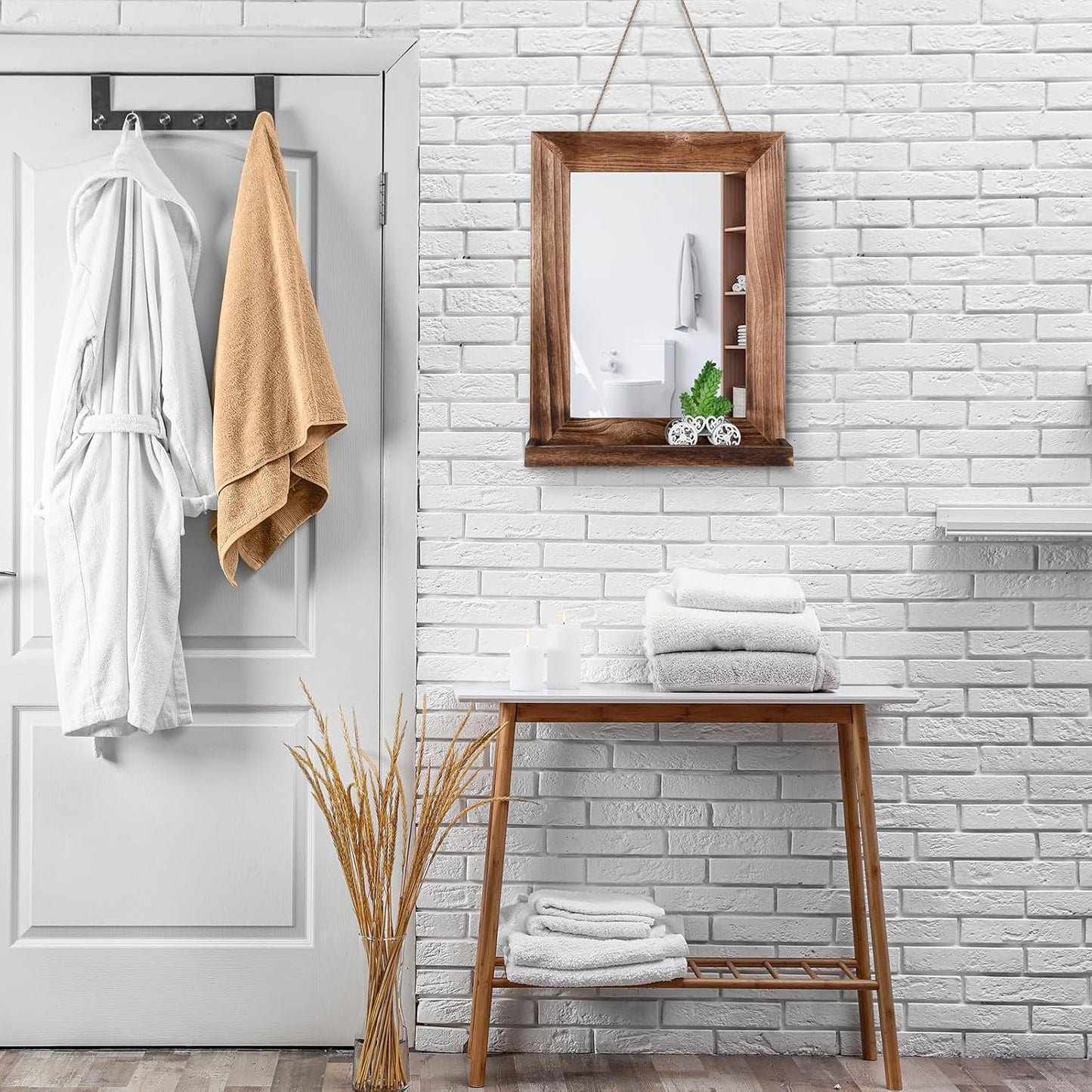 QDSSDECO 16"×20" Wall Mirror with Shelf Farmhouse Decor Rectangular Mirror Hanging for Bathroom, Vanity, Bedroom, Entryway, Living Room,Brown with Hemp Rope