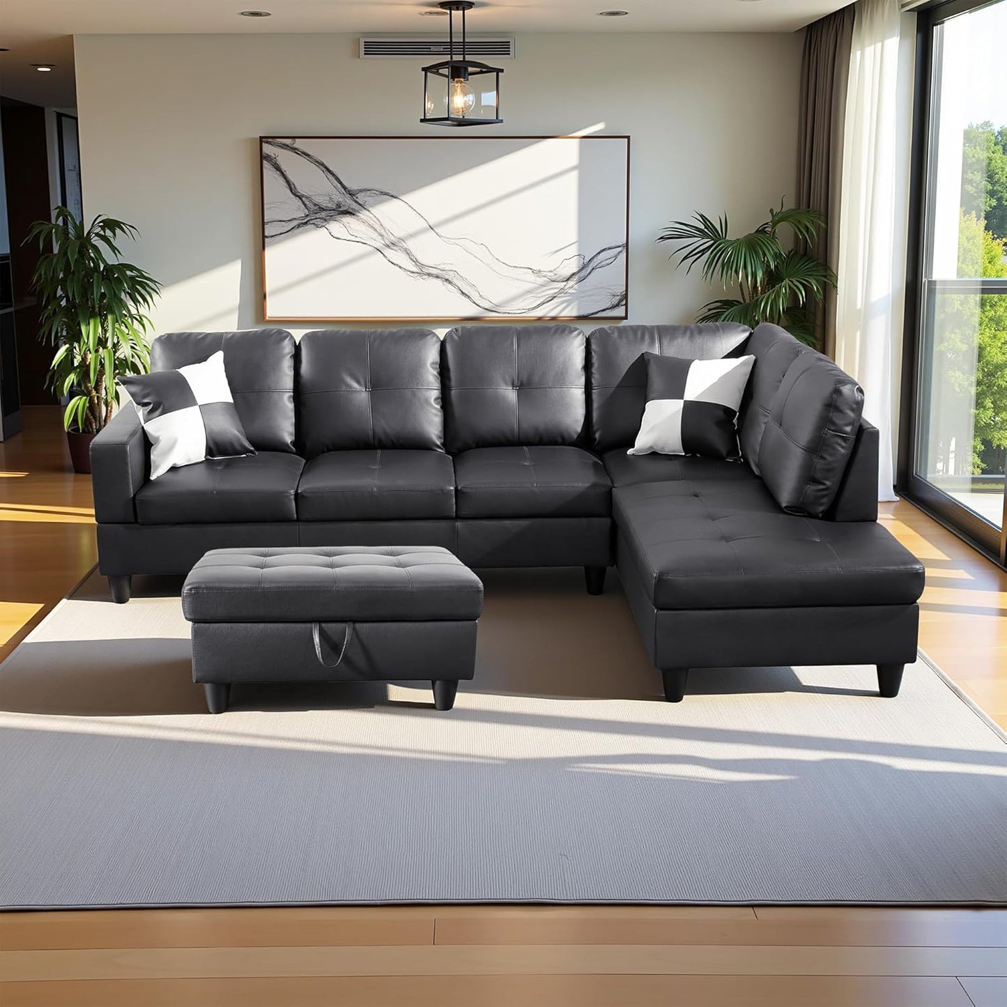 103.5" Oversized Sectional Couch, L Shaped Couch with Storage Ottoman, Modern Modular Sofa with Deep Seat, Sectional Couches for Living Room and Office, Jet Black (Faux Leather)