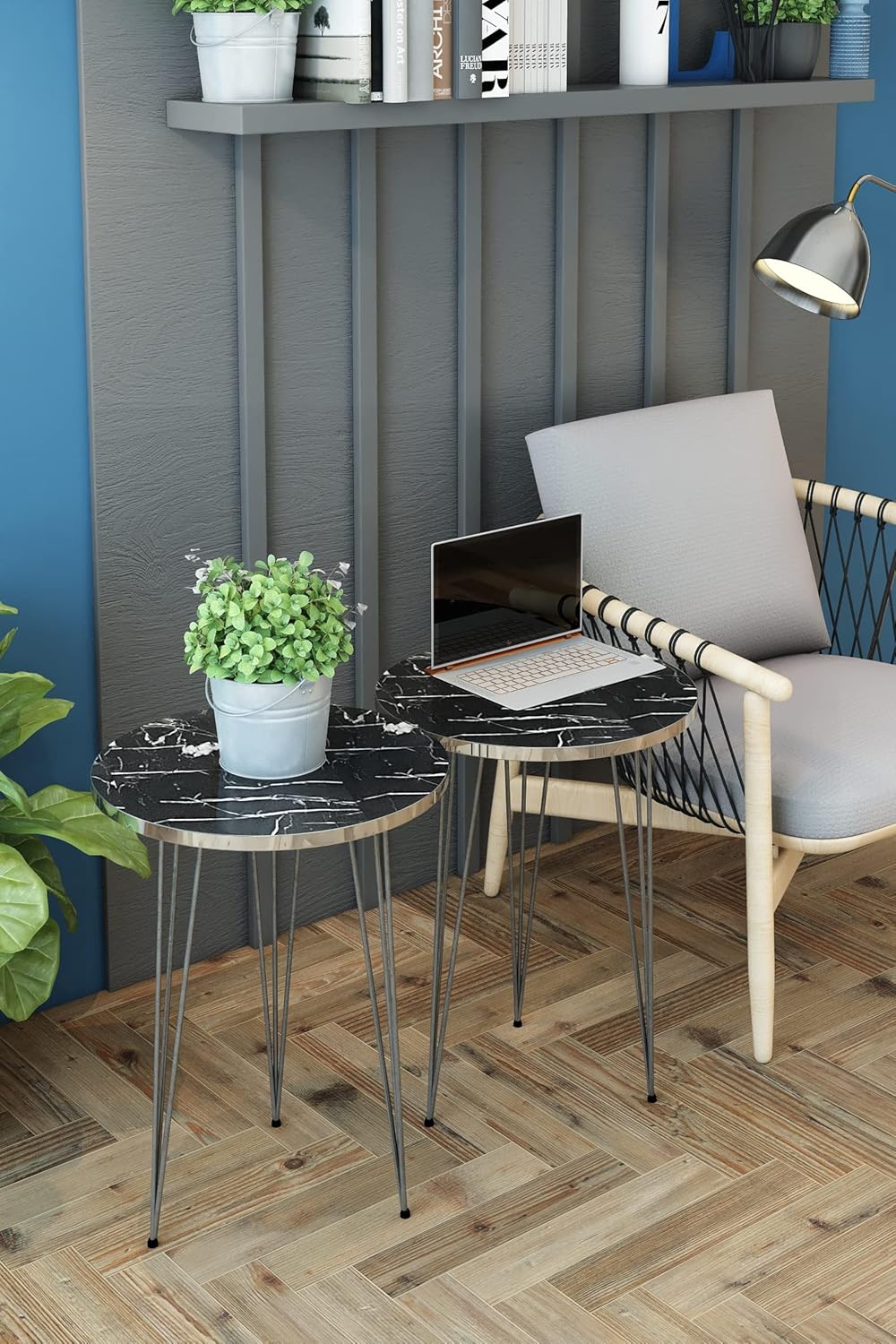 PAK HOME Set of 2 End Tables Round Wood Sofa Side Coffee Tables for Small Spaces, Nightstand Bedside Table with Metal Legs for Bedroom, Living Room, Office (Black Marble High Gloss/Silver Legs)