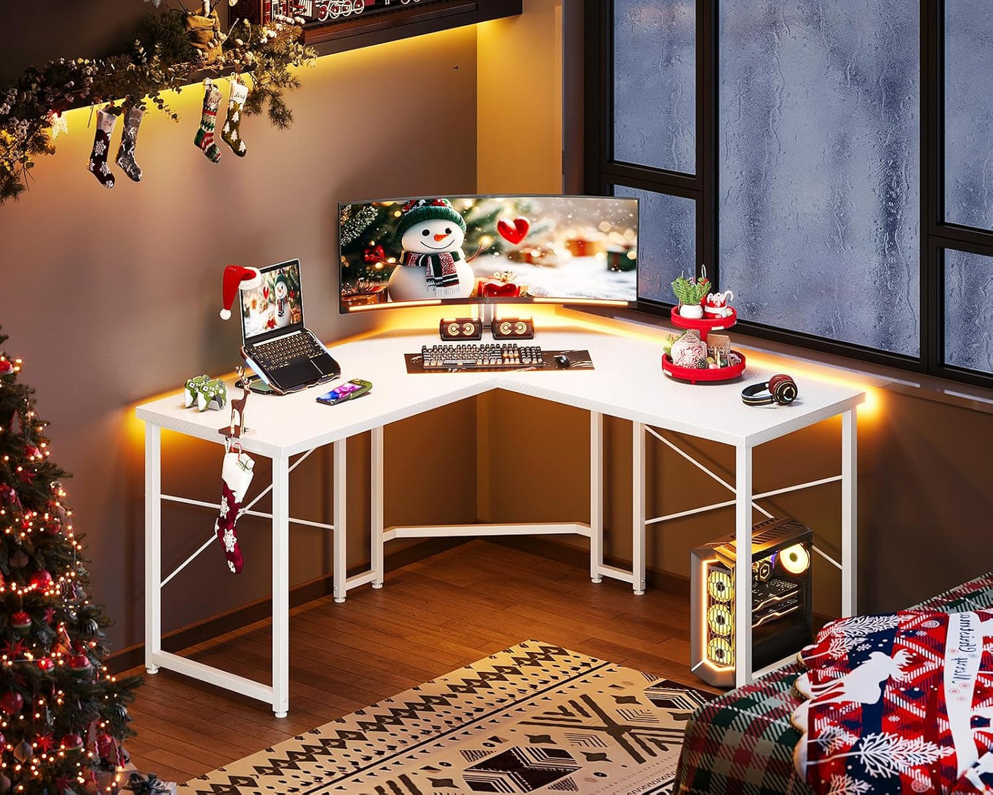 Casaottima L Shaped Gaming Desk, Corner Desk Gaming Table for Home Office, Computer Desk Sturdy Writing Workstation for Small Space, Easy to Assemble, 51 inch, Carbon Fiber Surface, White