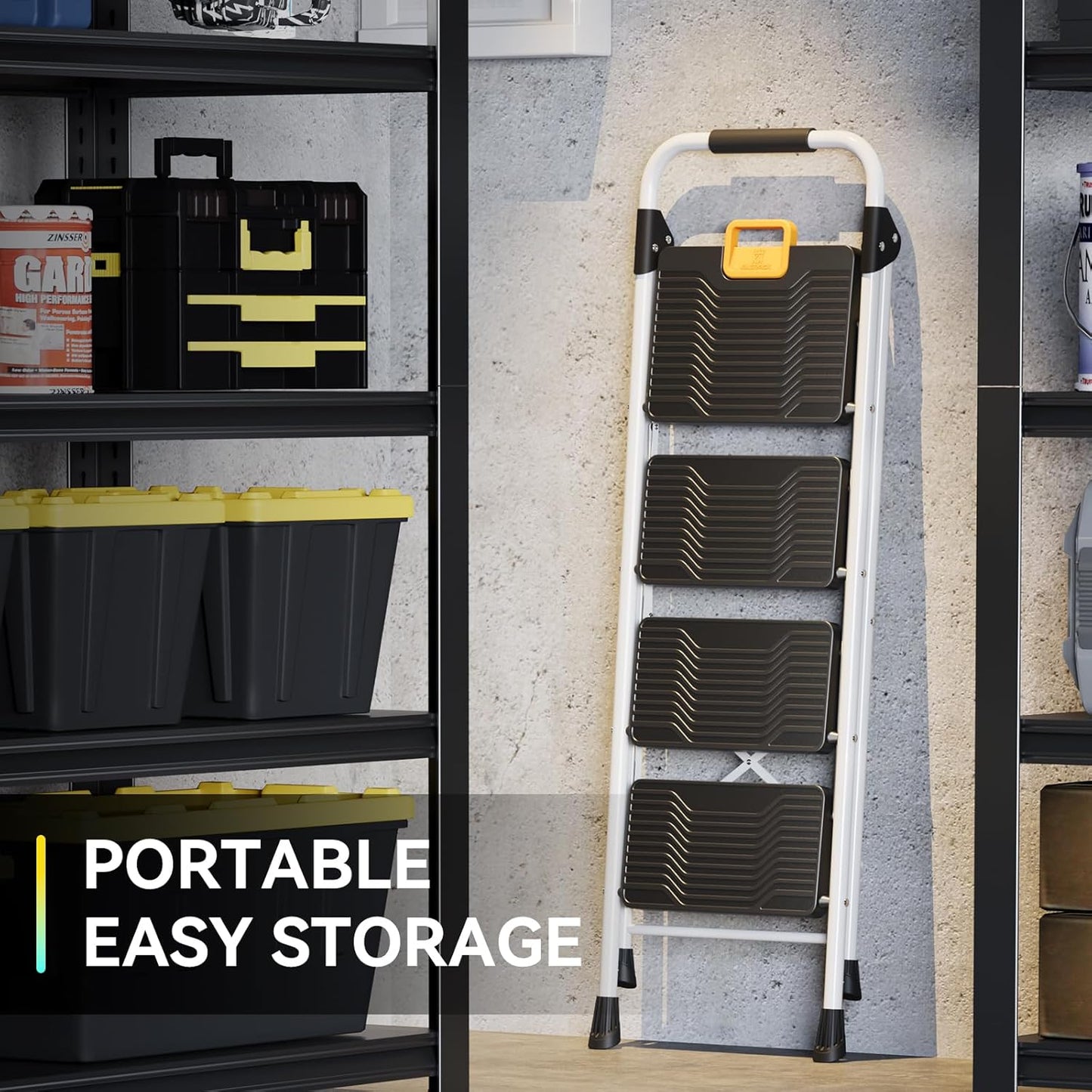 KINGRACK 4 Step Folding Ladder, 800lbs Capacity Step Stool with Safety Lock, Non-Skid Wide Pedals, and Handrail, Lightweight, Household Ladder for Home, Kitchen, Pantry, Closets, and Office Use, White