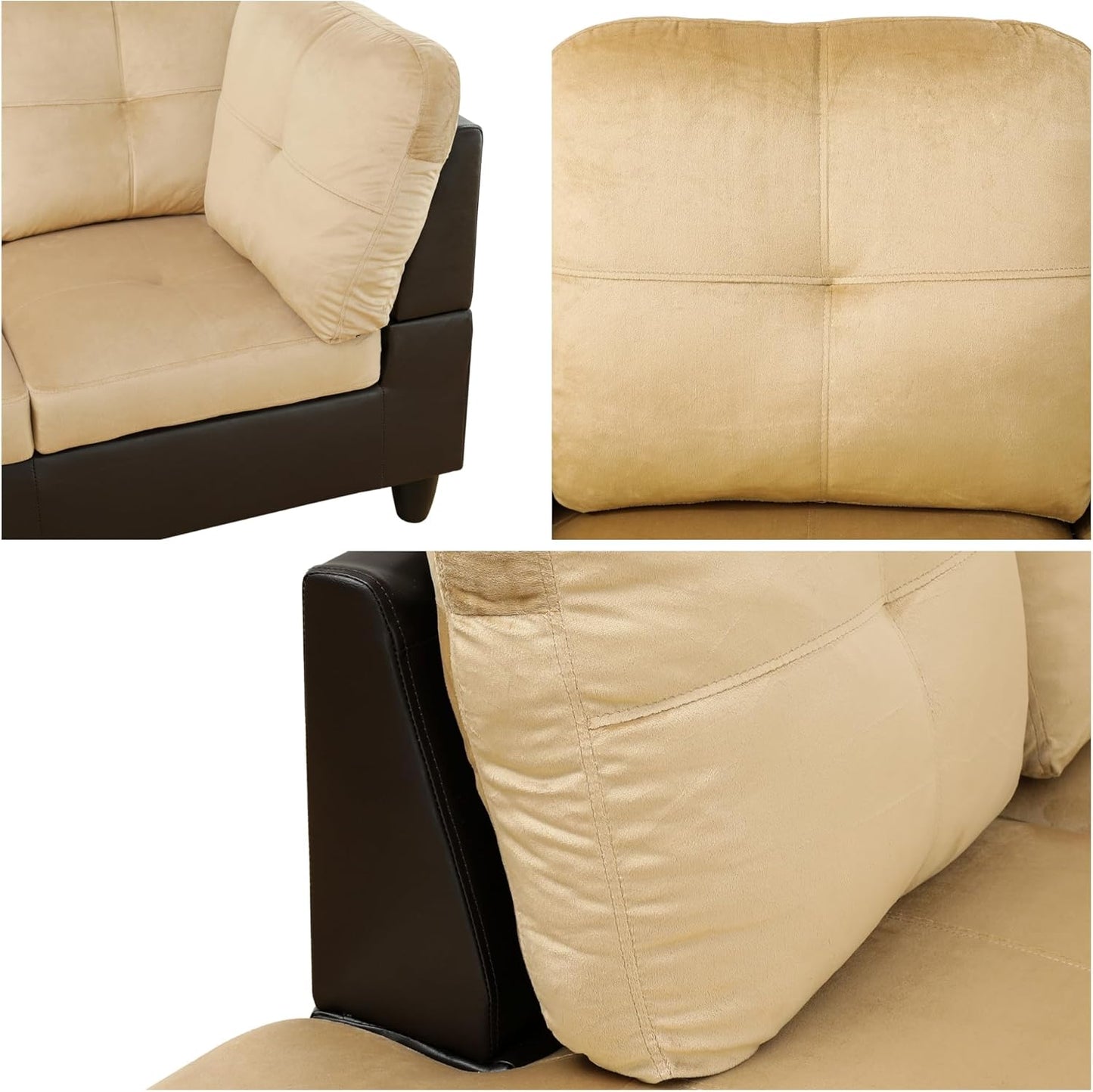 L Shaped Sectional Sofa with Ottoman, Color Blocking Flannel Leather Right Facing Modern Couches for Living Room, Bedroom, Office, Ginger Leather