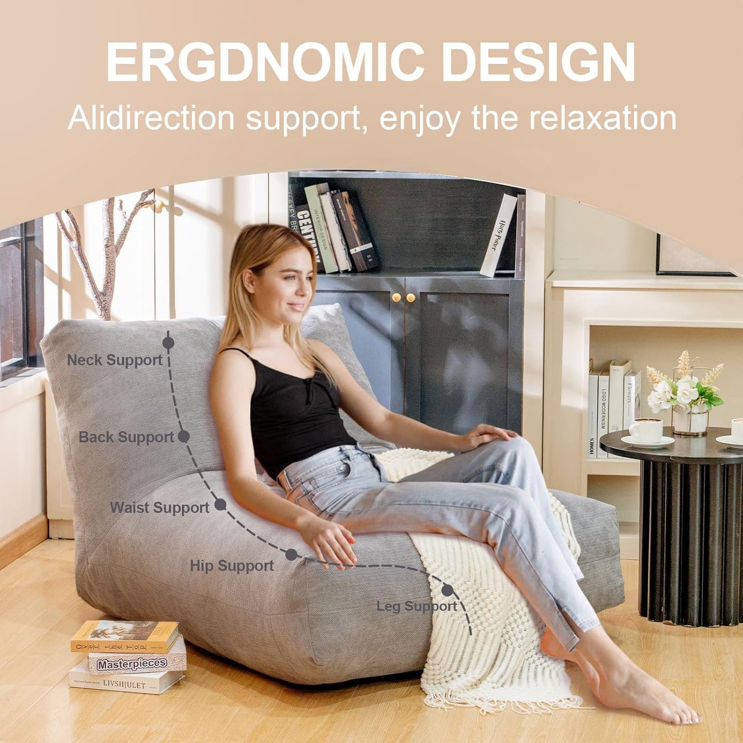 Bean Bag Chairs for Adults, Memory Foam Bean Bag Chair, Spacious Single Sofa, Ergonomic Support Reading Floor Sofa Chair with Filler, Comfy Cozy Beanbag Couch for Bedroom Living Room (Grey)