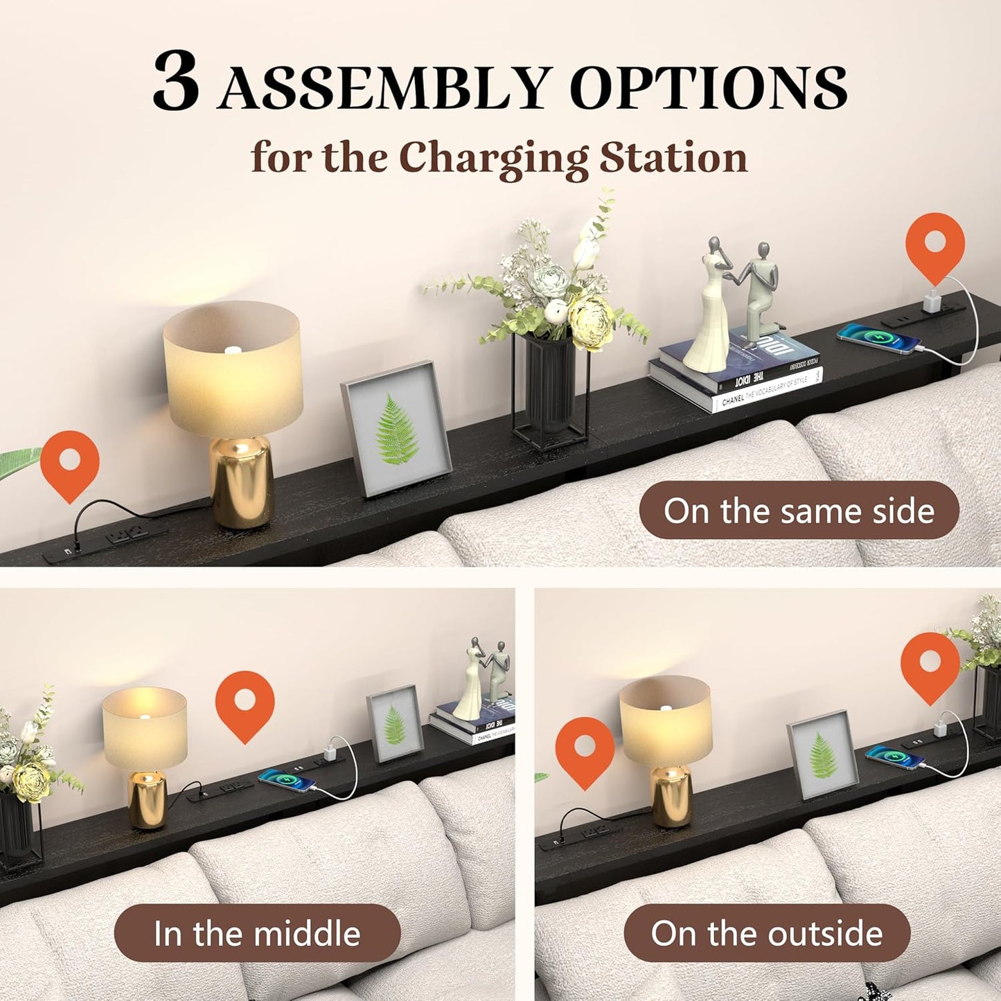 GRLEAF 70" Sofa Table with Built-in Power Strip (4 AC Outlets & 4 USB Ports) – 4.9ft Power Cord, Metal Frame, Easy Assembly, Long Couch Table Behind Sofa, Hallway, Living Room and Home Office | Black