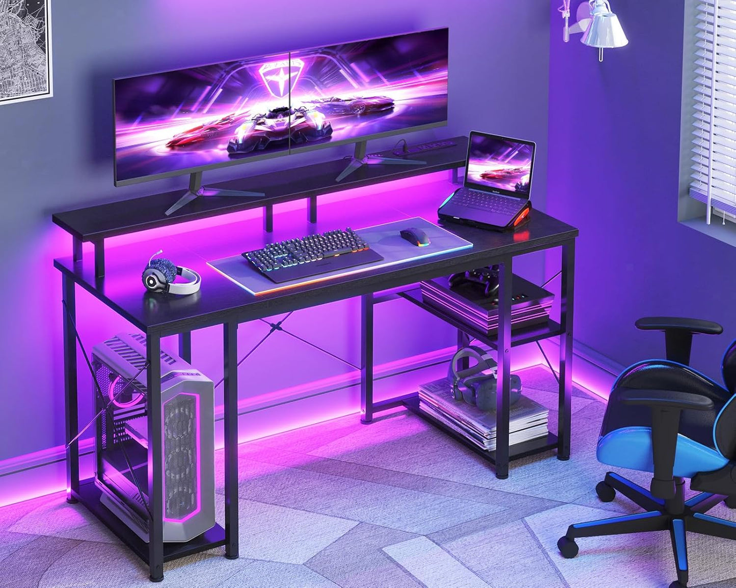 ODK 48 Inches Gaming Desk with LED Lights, Computer Desk with Monitor Stand, Pc Table with CPU Stand, Deep Black