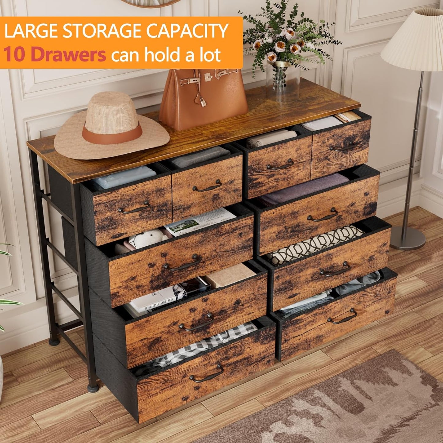 Furnulem Bedroom Dresser for 55”Long TV Stand,10 Storage Organizer Dressers & Chests of Drawers, Sturdy Metal Frame & Wood Top Tall Storage Cabinet for Bedroom Closet Living Room Entryway Rustic Brown