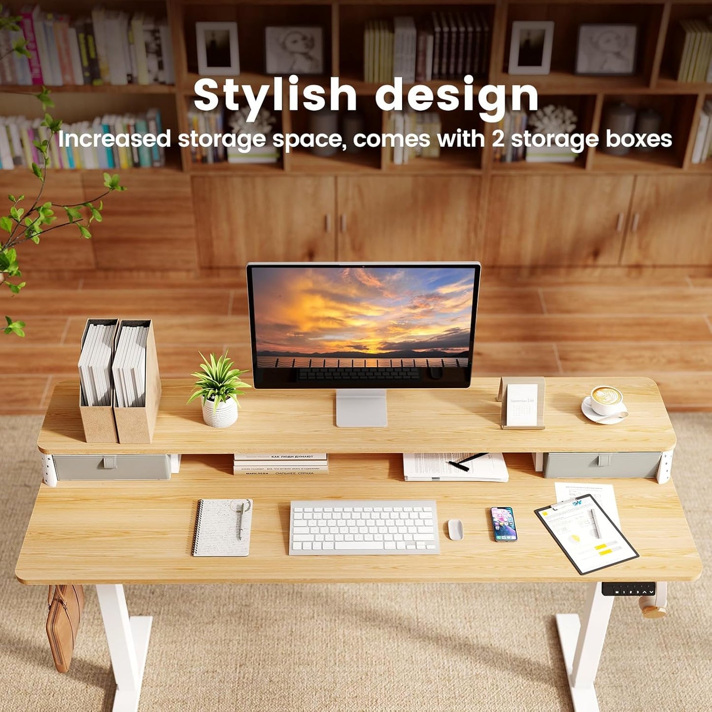 Standing Desk with Drawers and Brushless Motor,Electric Height Adjustable Desk for Walking Pad,Ergonomic Stand Up Desk for Home Office & Gaming,3 Memory Height Preset & Hooks(55" x 24",Oak)