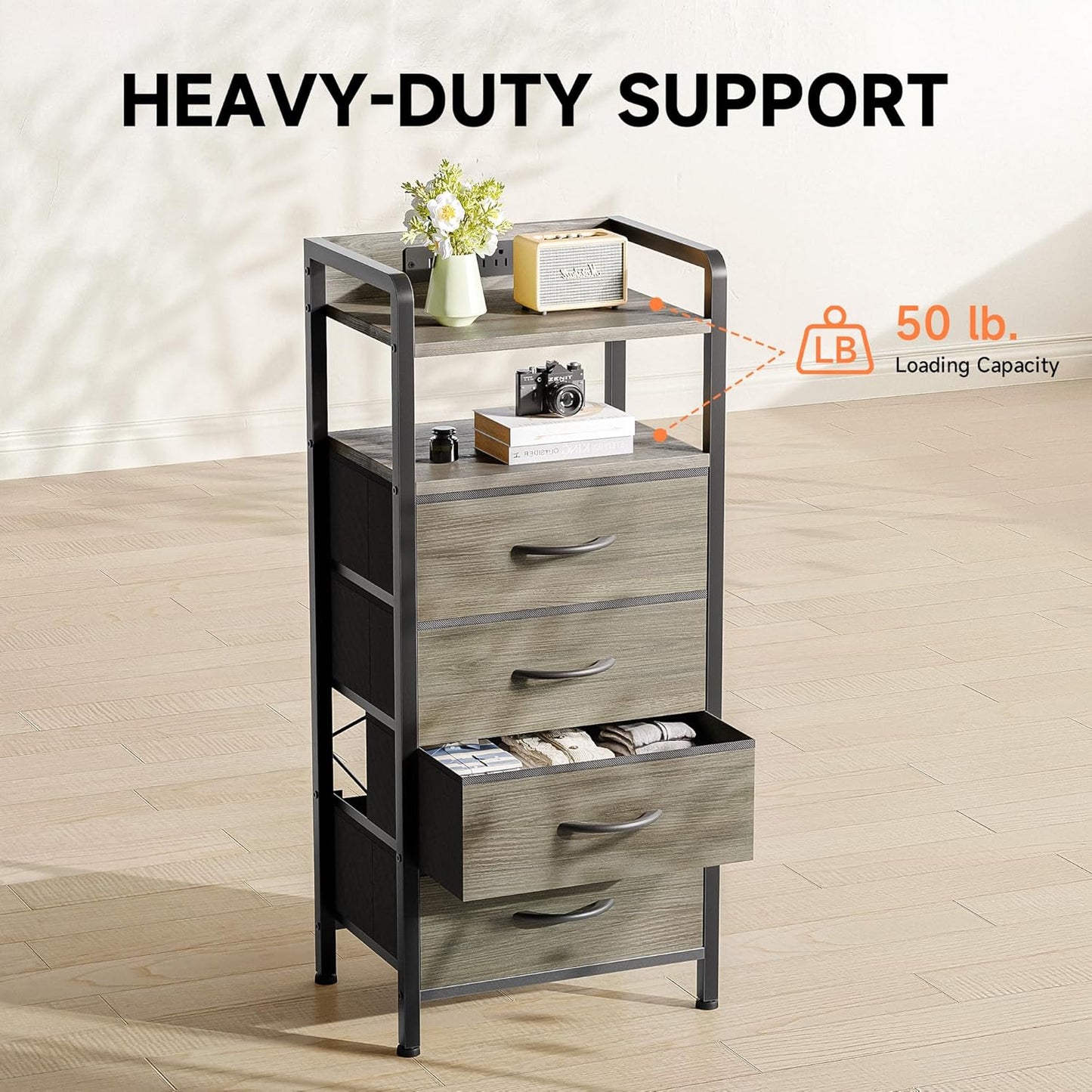 Grey NightStand with Charging Station - Morden Nightstand with USB Ports & AC Outlets, Grey End Table with Storage Shelf & 4 Fabric Drawers, LED Light Strip