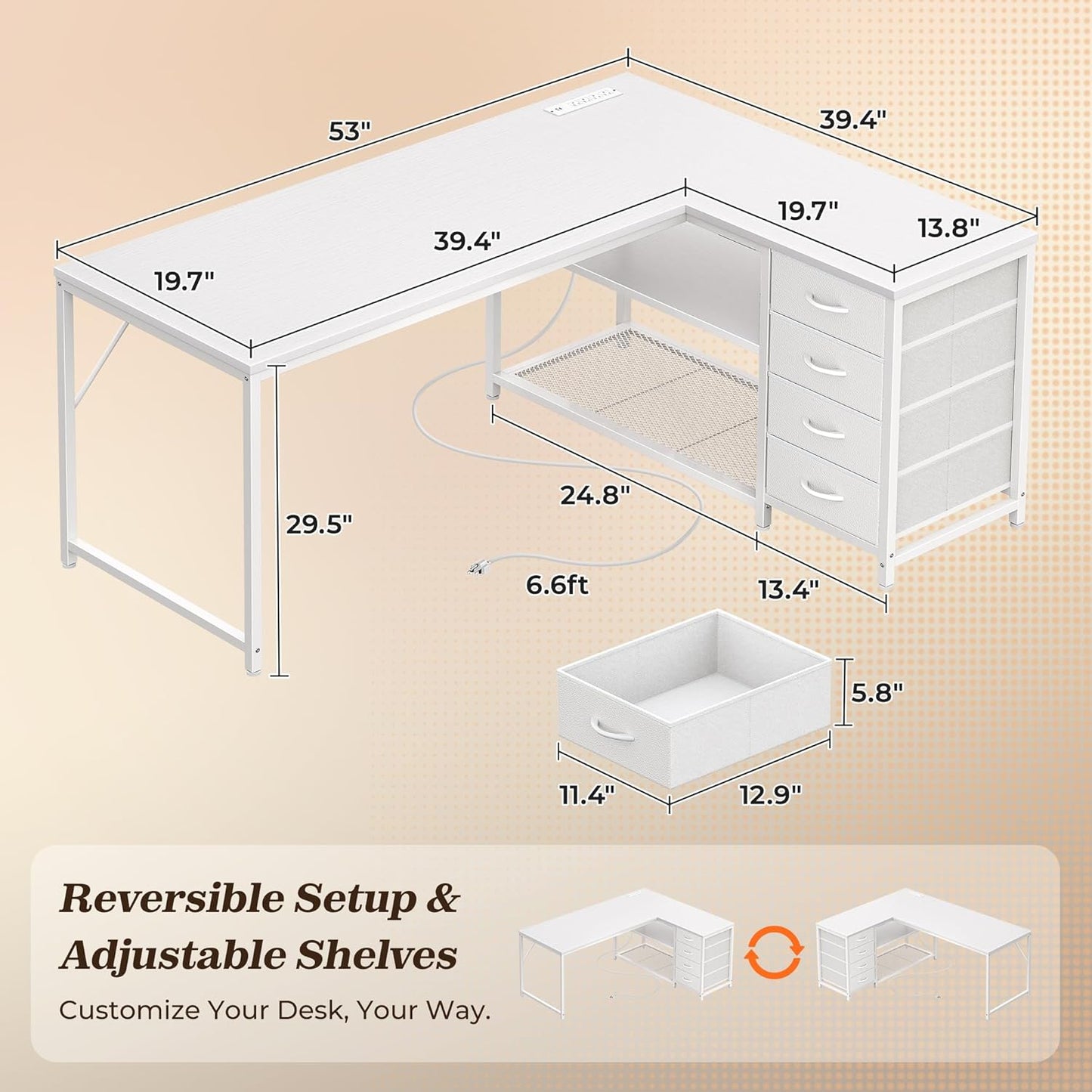 PRAISUN 53" L Shaped Desk with Power Outlets and USB-C Port, Reversible Computer Corner Office Desk with 4 Fabric Drawers and 2 Height-Adjustable Shelves, Large for Gaming Writing Work Study, White
