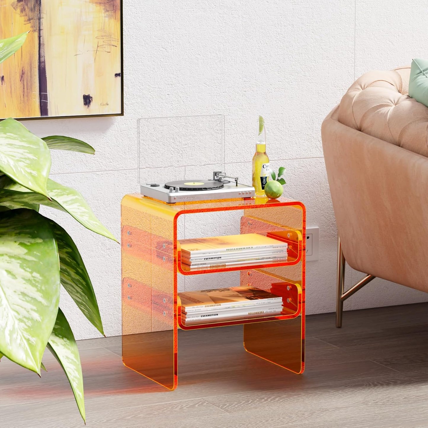 Clear Acrylic 3-Tier End Table/Nightstand – Sleek Bedside Storage with Durable Design, Perfect for Bedrooms, Living Rooms, or Modern Interiors – Ideal as a Bedside Table or Sofa Side Piece (Orange)
