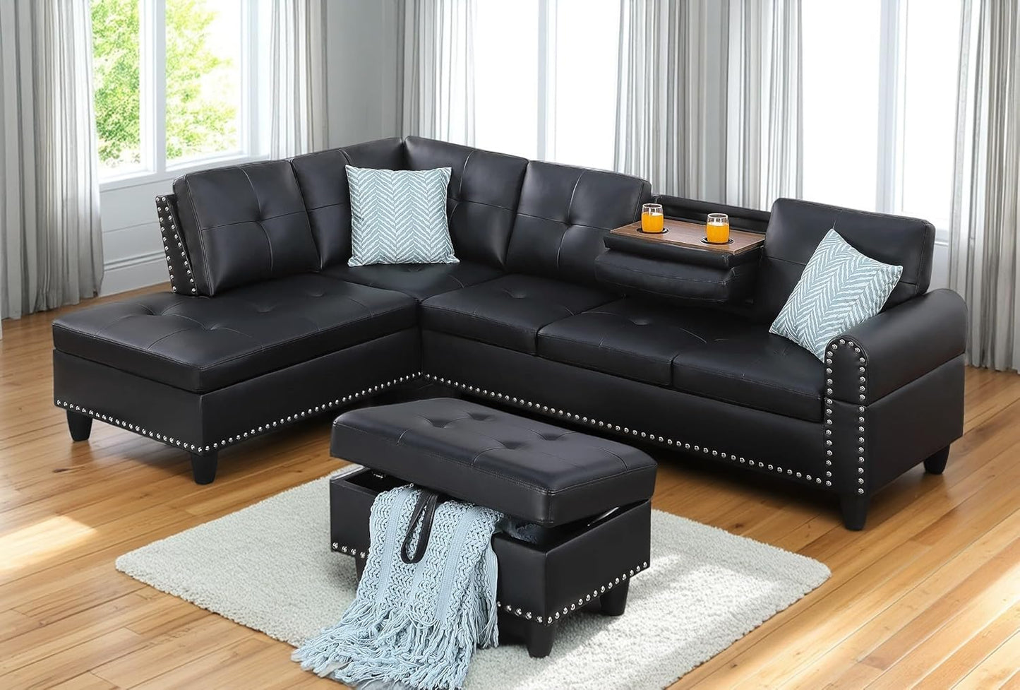 98 Inch L Shaped Sectional Sofa with Chaise Lounge, Storage Ottoman and 2 Pillows, 4-Seaters Faux Leather Upholstered Tufted Couch w/Cupholder & Nailhead Trim for Living Room, Office, Black