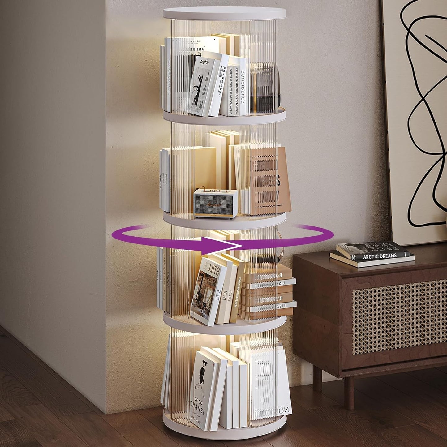 4 Tier Rotating Bookshelf Spinning Bookshelf Tower Swivel Bookcase Round Book Shelf for Small Space Revolving Bookcase for Playroom Bedroom Living Room