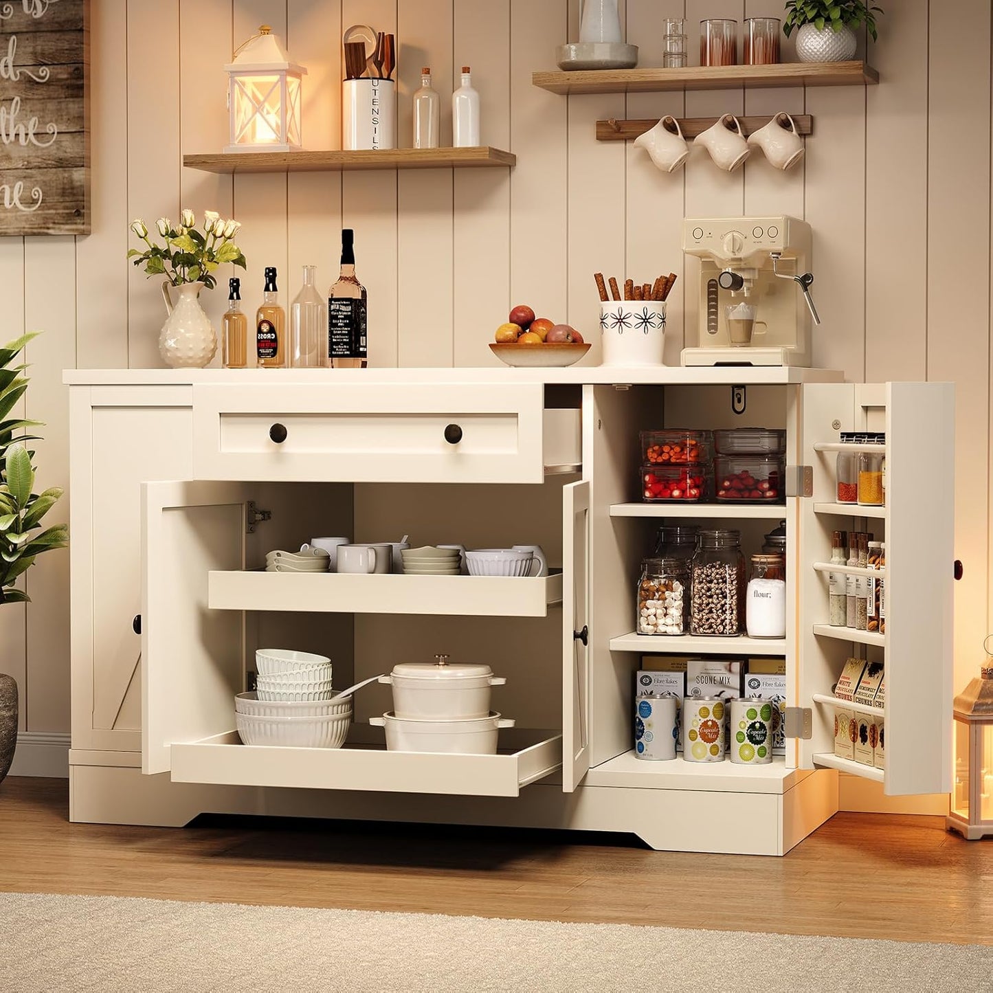 55" Buffet Cabinet with Storage, Kitchen Buffet Sideboard with Pull-Out Shelves and Drawer, Wood Farmhouse Coffee Bar Cabinet with 4 Adjustable Shelves, Kitchen Pantry for Living Room, White