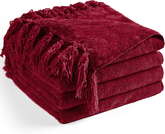 Chenille Throw Blanket for Couch 60"X 80" Twin, Soft Cozy Throws with Fringe Tassel for Bed Sofa Chair Cover, Lightweight Knitted Decorative Boho Blankets for Living Room, Red