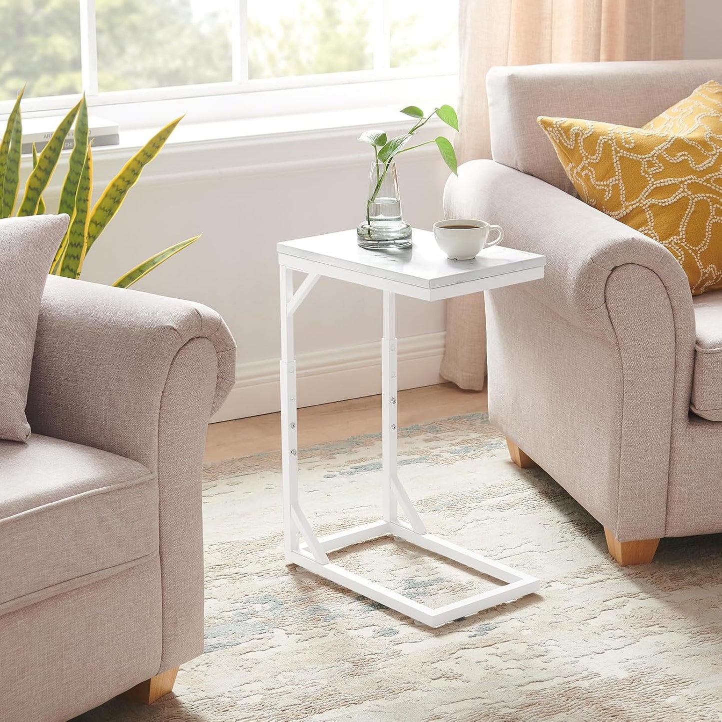 C-Shaped End Table, Small Sofa Table with Metal Frame, Adjustable Height Side Table for Couch, Living Room, Bedroom, Bedside (White, Small)