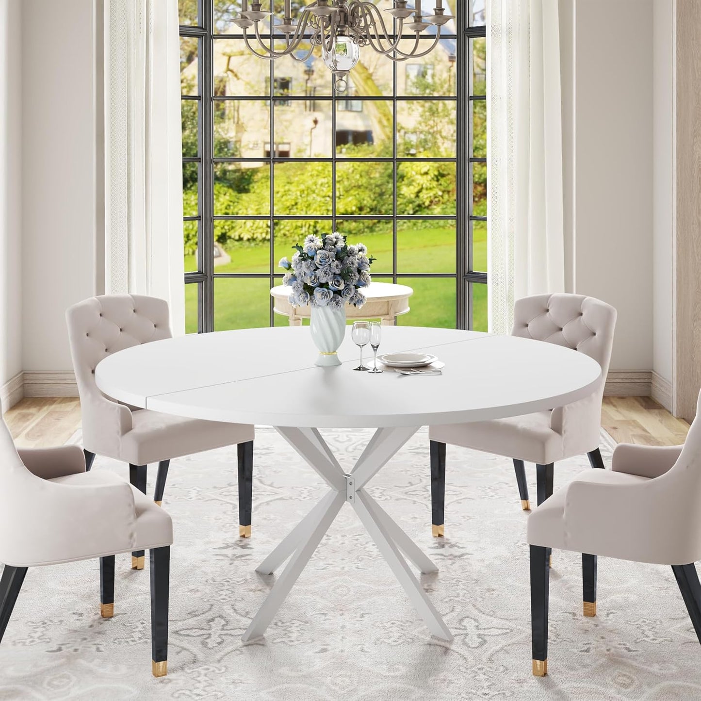 47.24" Round Dining Table for 4-6 Person, Modern Kitchen Table With Metal Legs, Pedestal Circle Table for Dining Room (White)