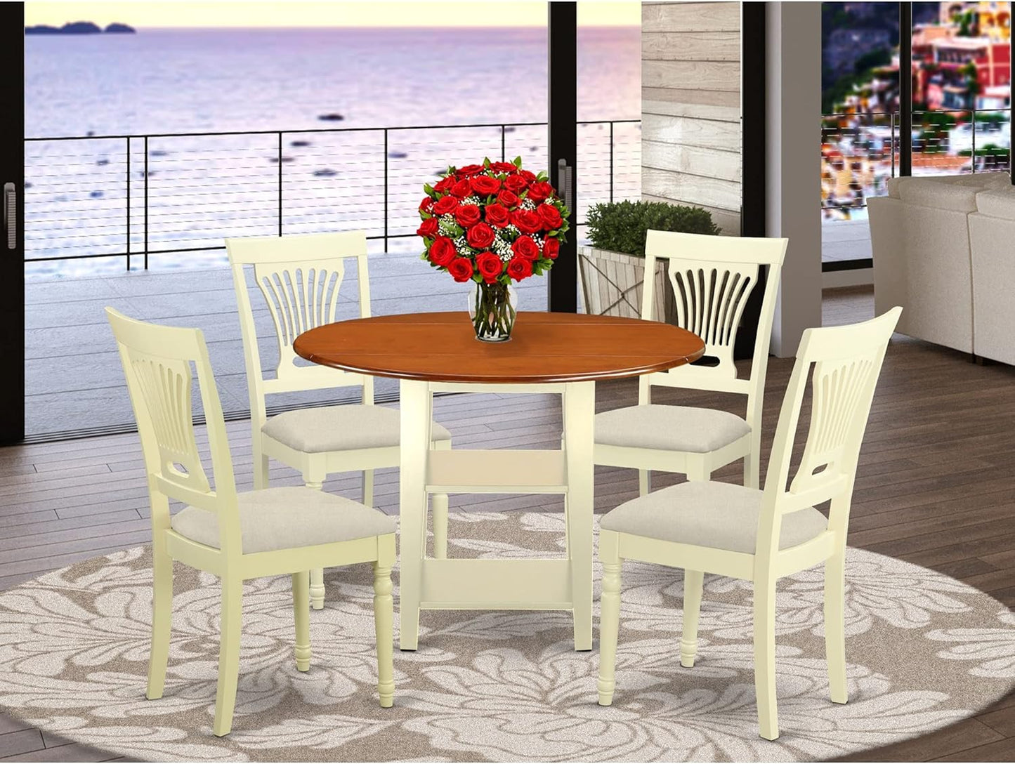 East West Furniture SUPL5-BMK-C 5 Piece Dining Room Furniture Set Includes a Round Kitchen Table with Dropleaf & Shelves and 4 Linen Fabric Upholstered Chairs, 42x42 Inch, Buttermilk & Cherry