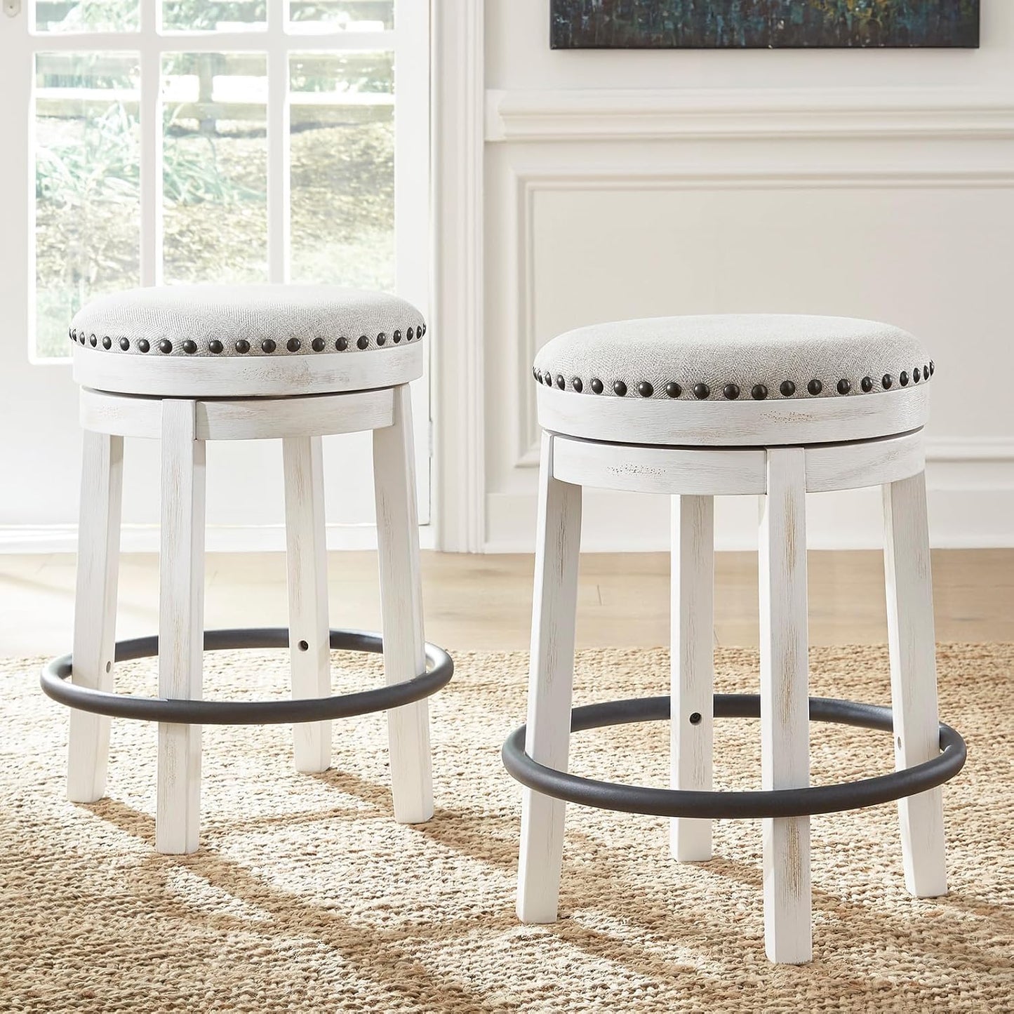 Signature Design by Ashley Valebeck 24" Counter Height Upholstered Swivel Stool, White & Black
