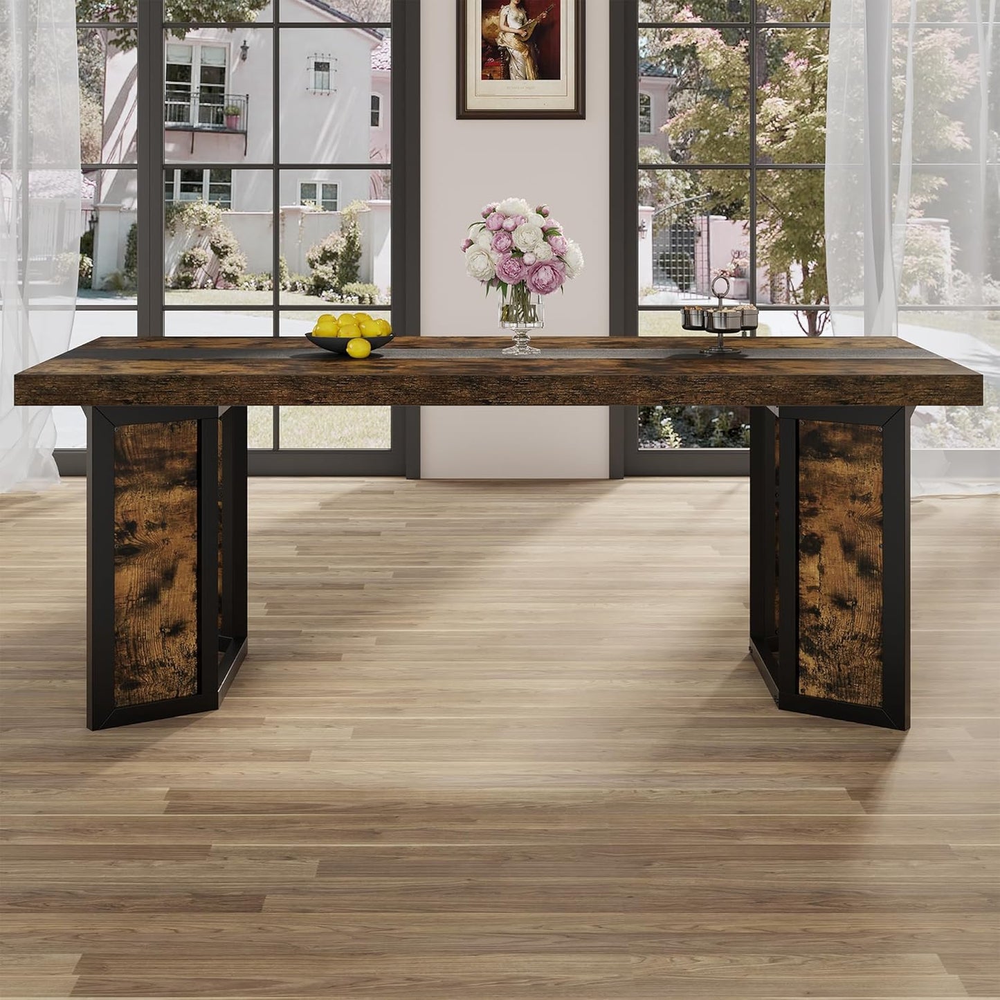 Industrial Dining Table for 6-8 People, 71" Large Long Wooden Kitchen Table with Sturdy Metal Frame & Brown Finish, Rustic Style Rectangular Dinner Table for Dining Room, Kitchen (Vintage Brown)